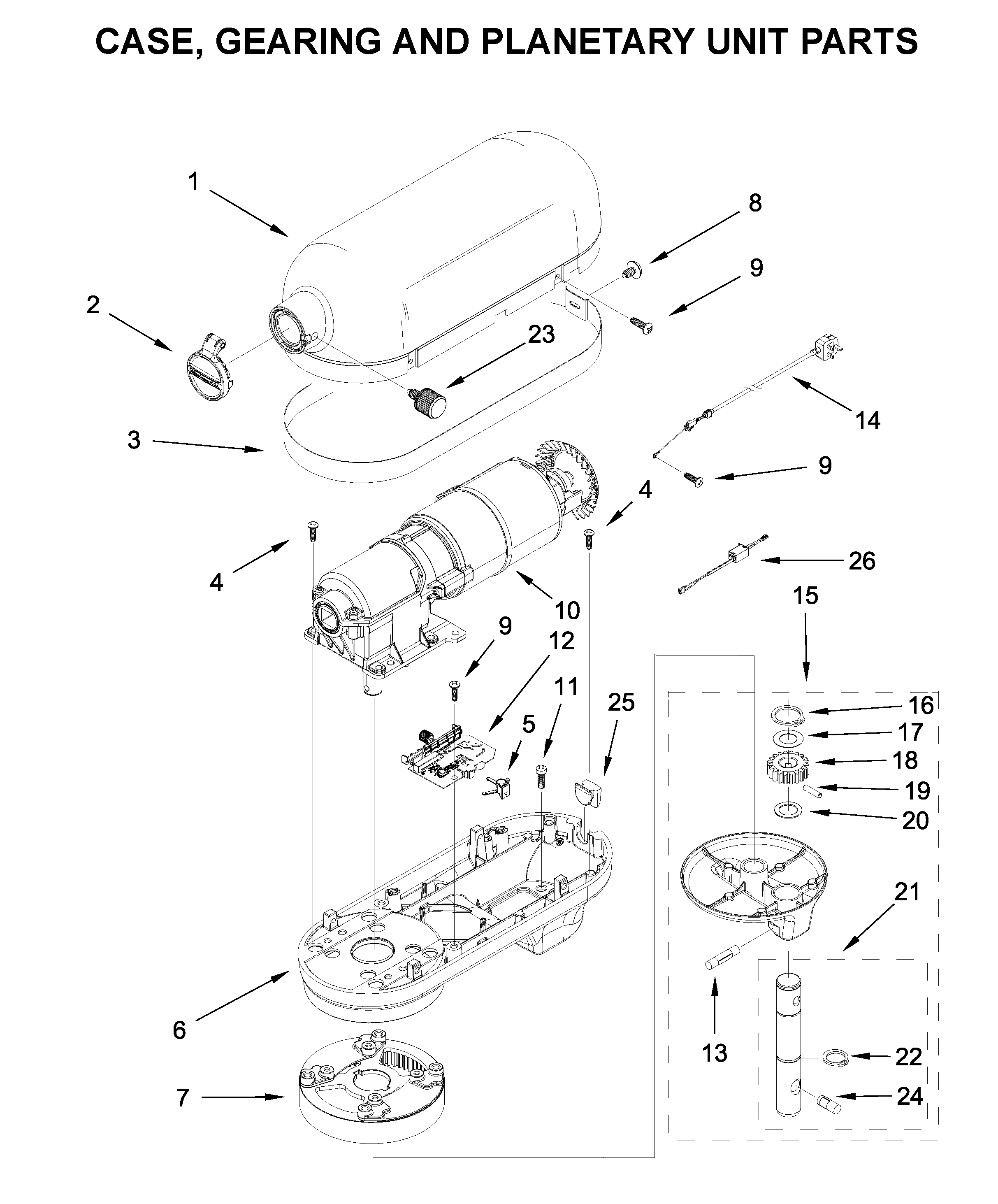 Case, gearing and planetary unit parts