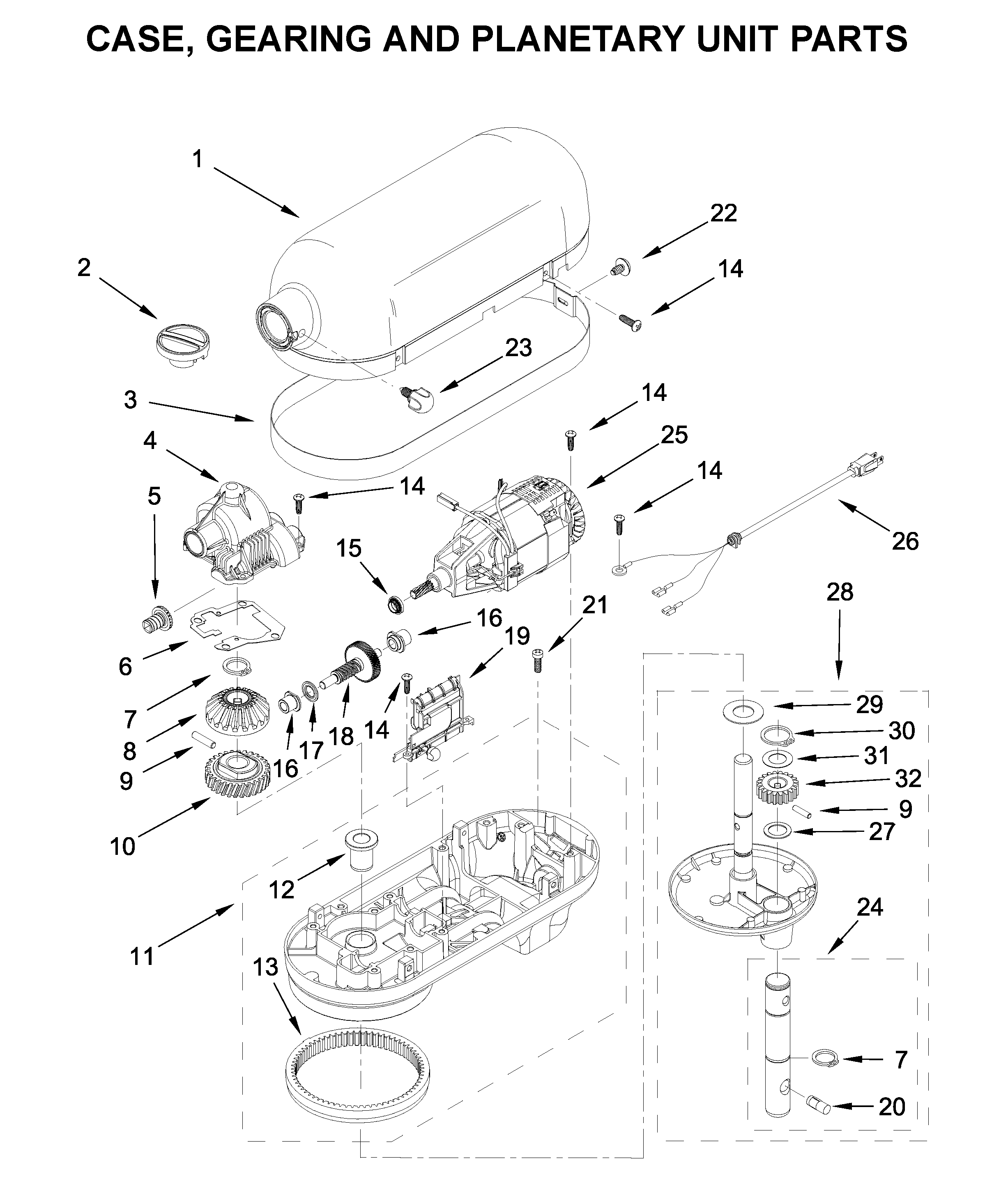Case, gearing and planetary unit parts