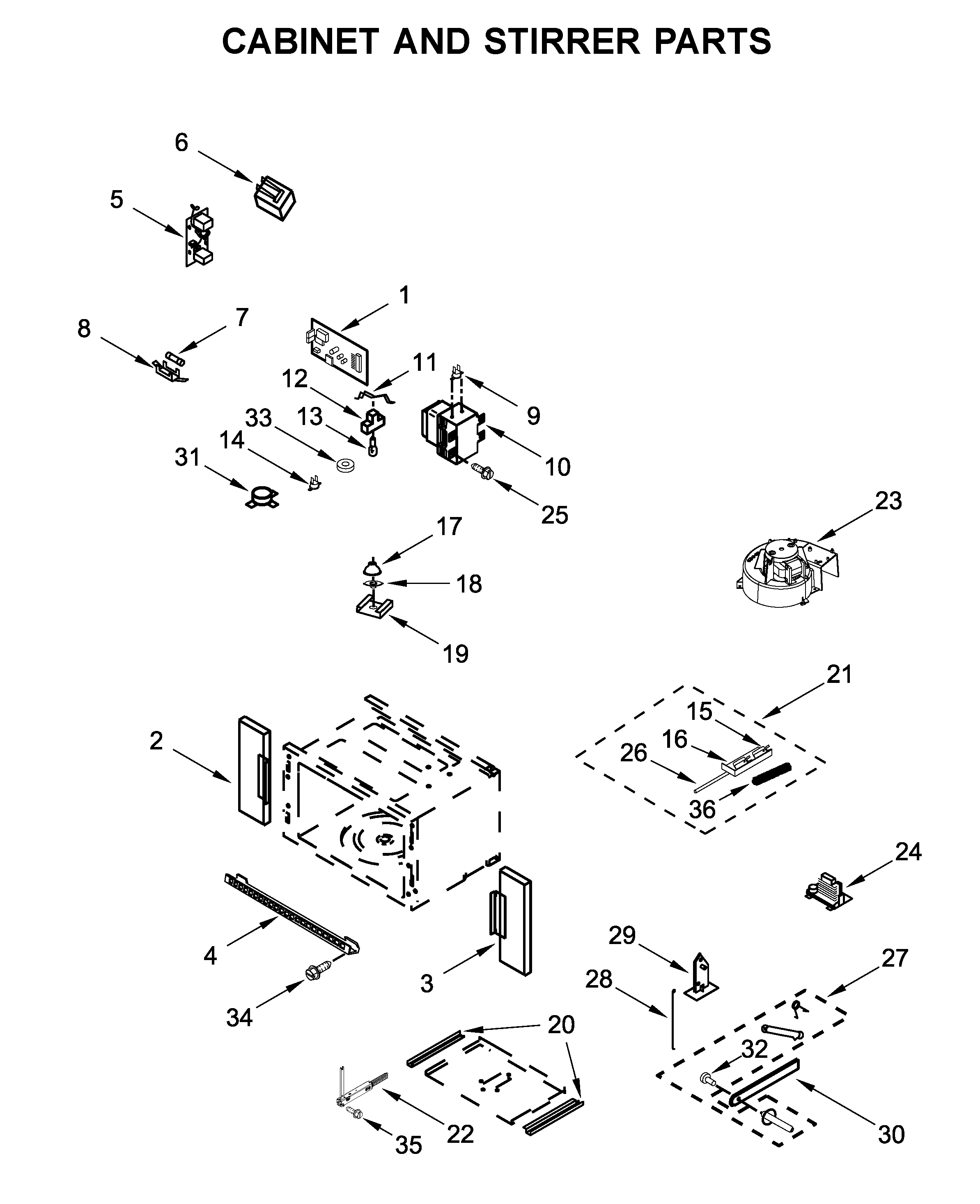 Cabinet and stirrer parts