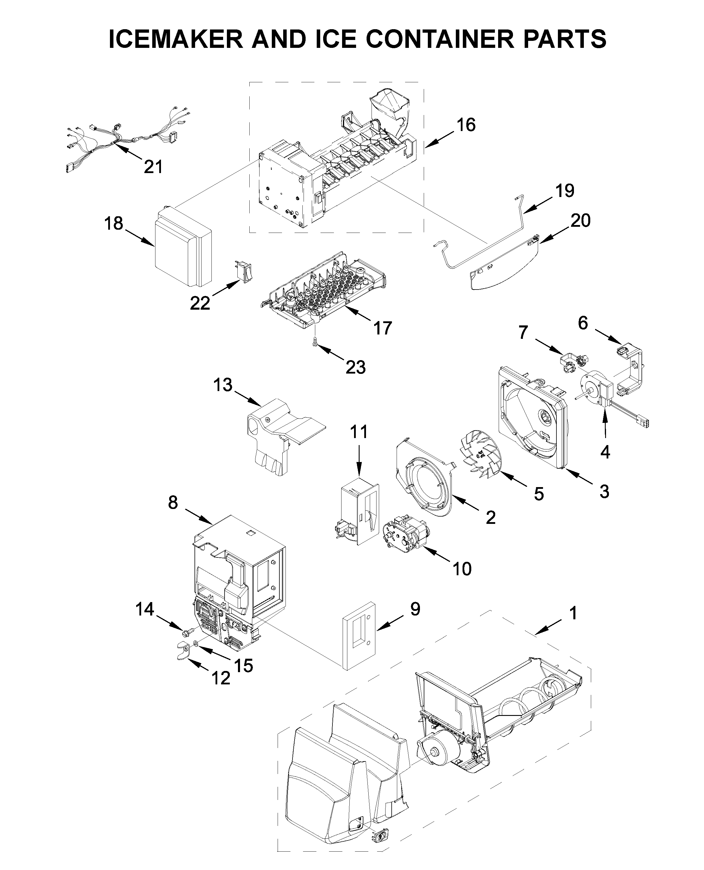 Icemaker and ice container parts