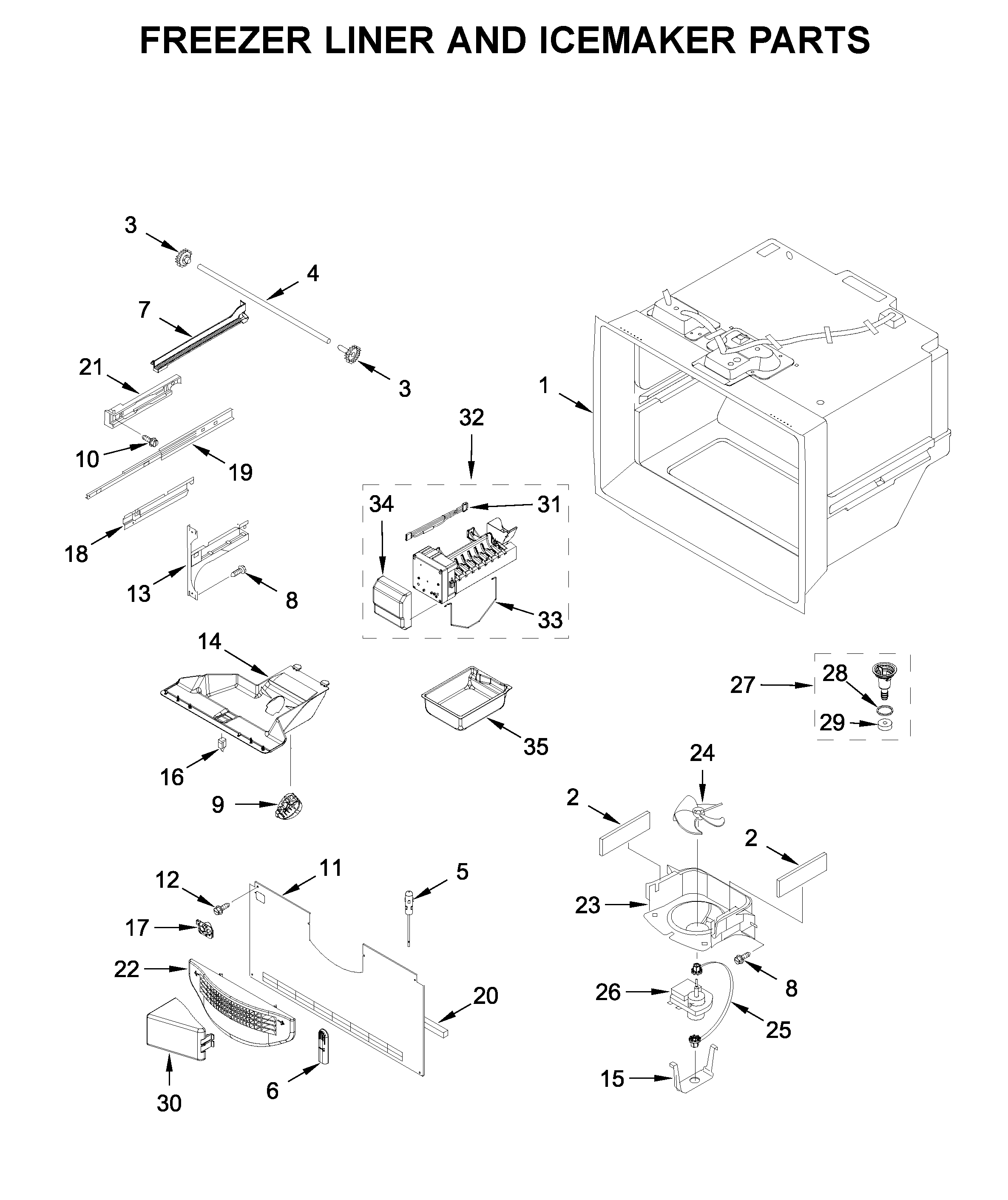 Freezer liner and icemaker parts