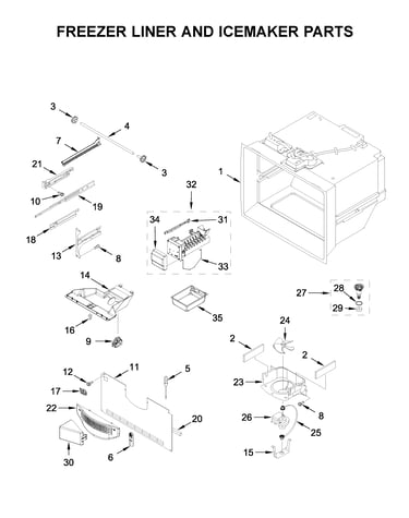 Freezer liner and icemaker parts