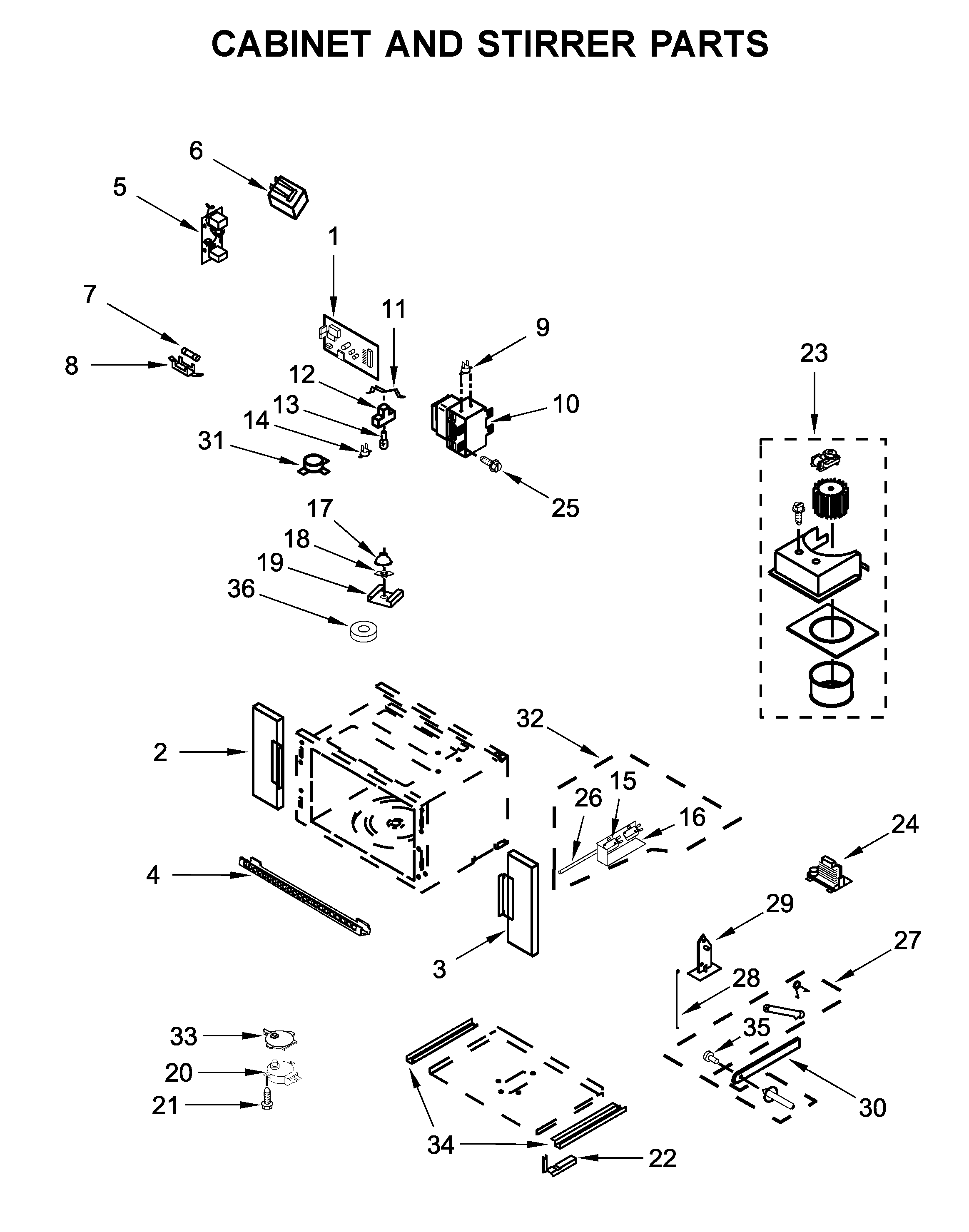 Cabinet and stirrer parts
