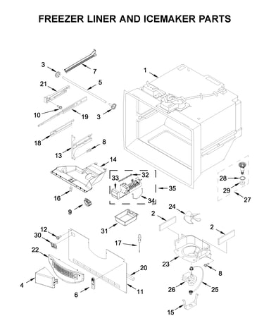 Freezer liner and icemaker parts