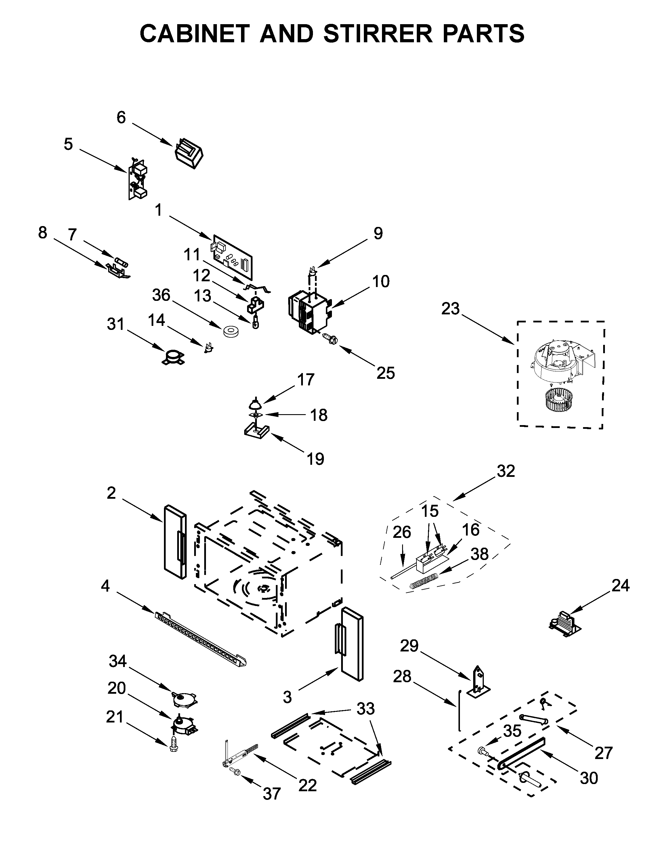 Cabinet and stirrer parts
