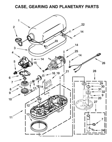 Case, gearing and planetary parts