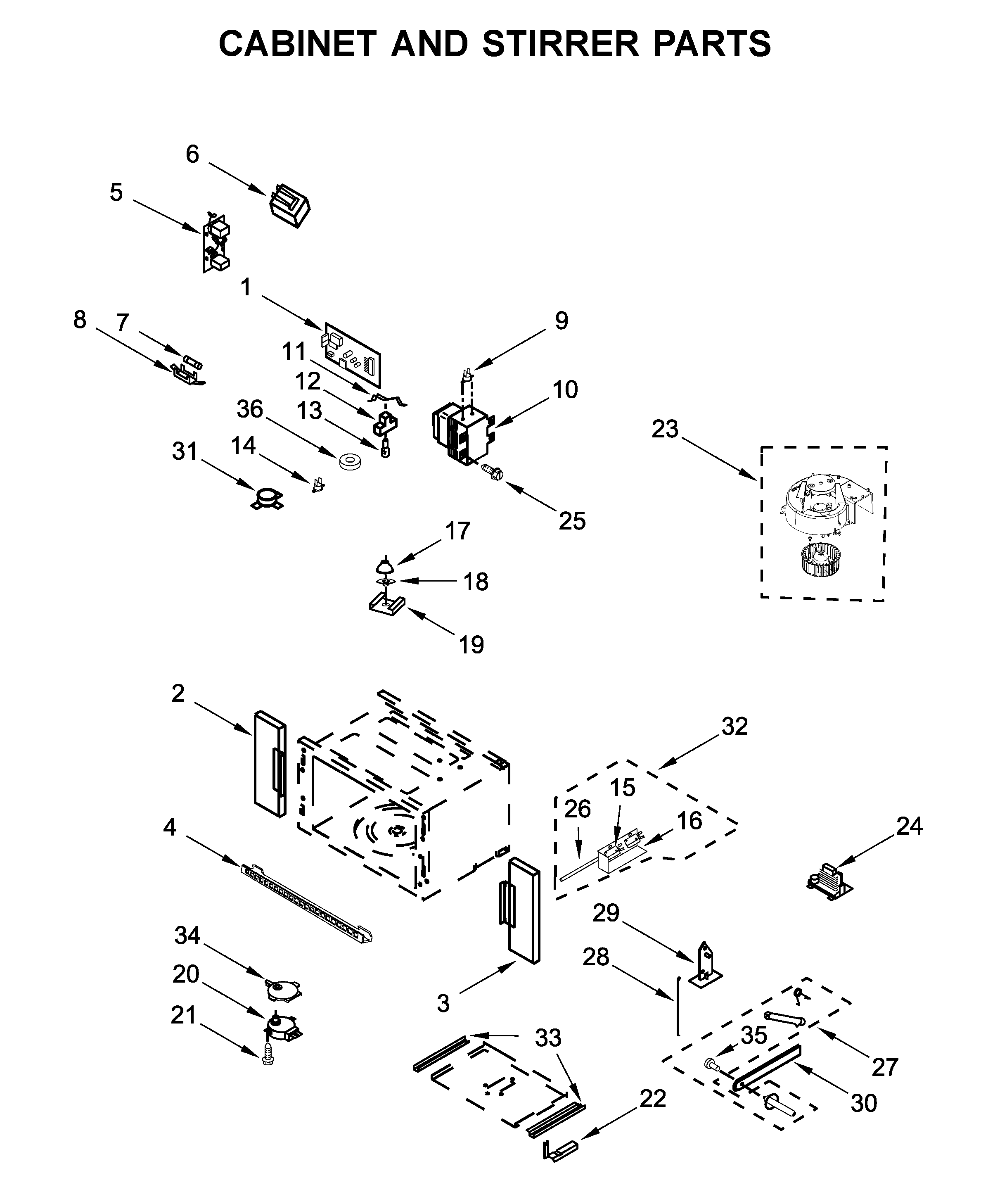 Cabinet and stirrer parts