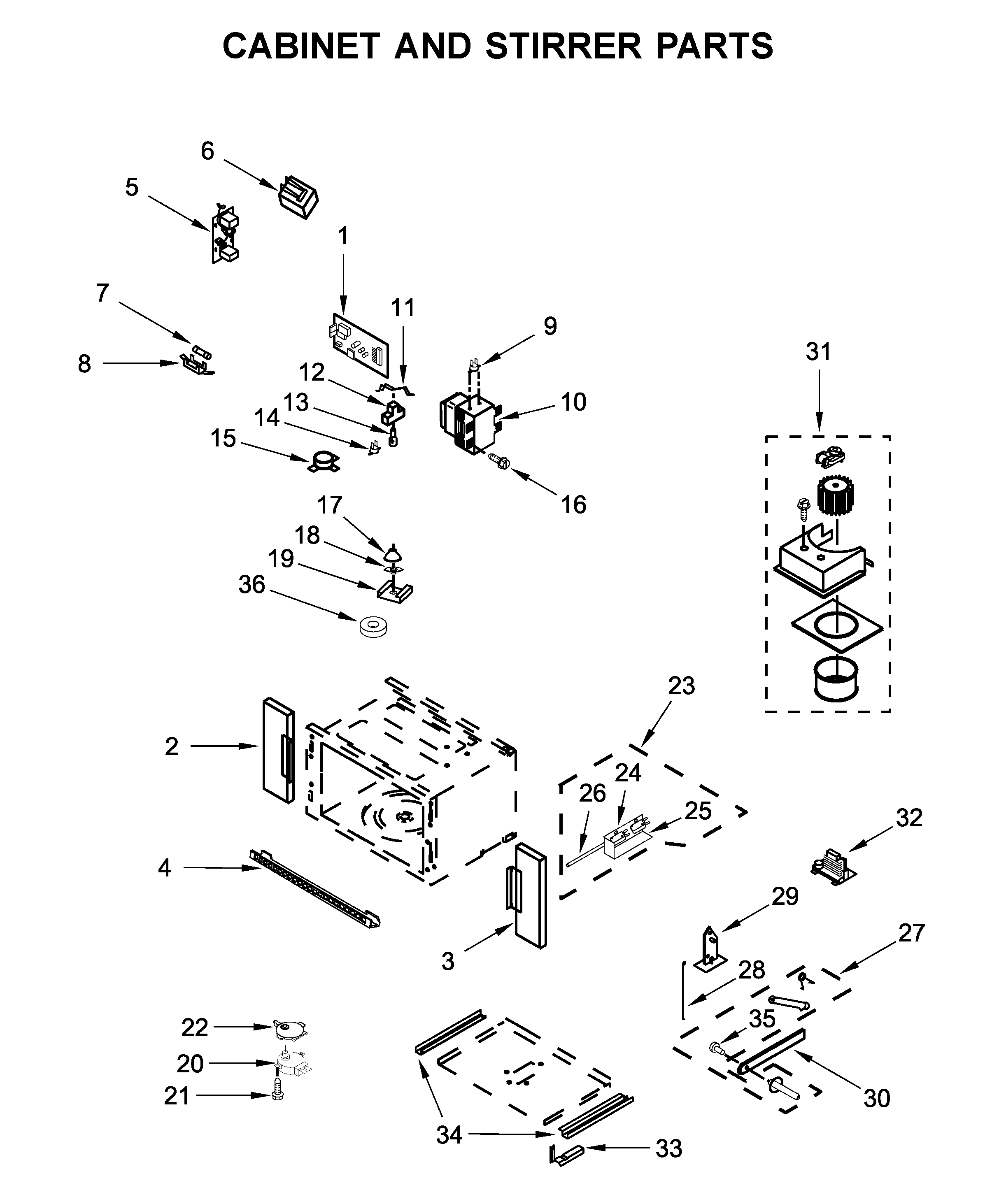 Cabinet and stirrer parts