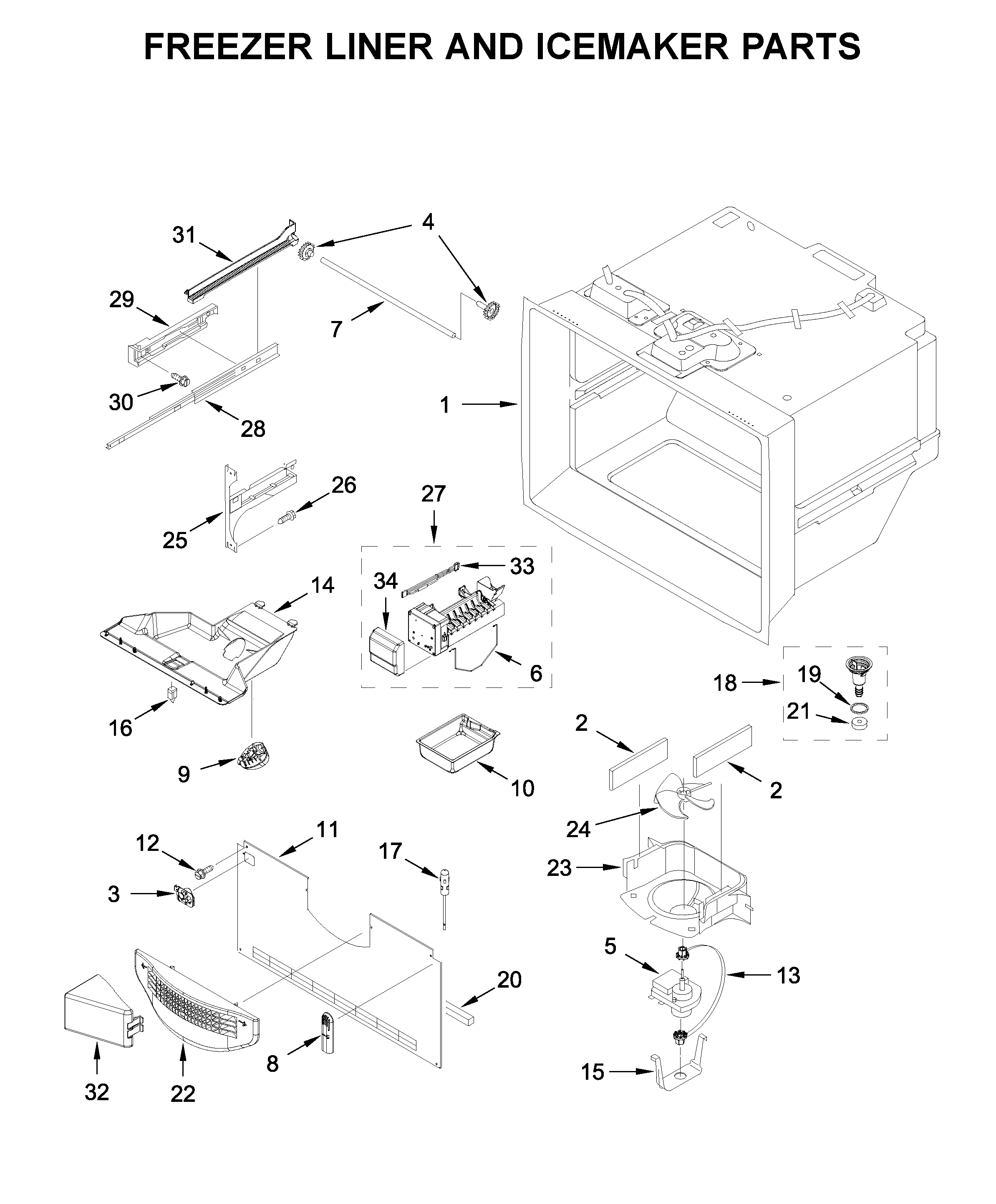 Freezer liner and icemaker parts