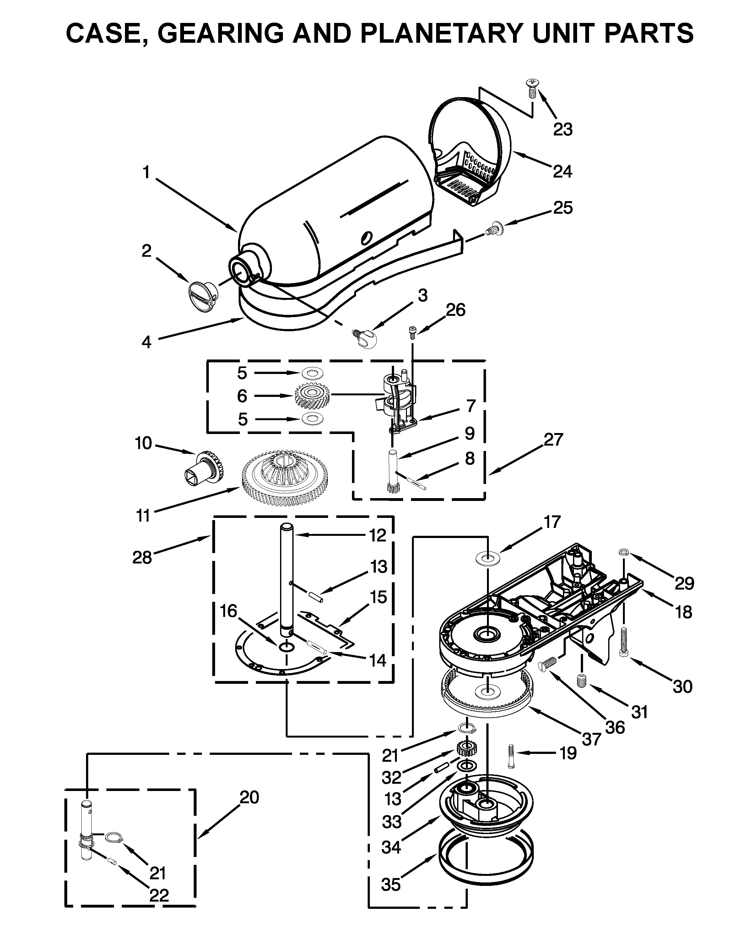 Case, gearing and planetary unit parts