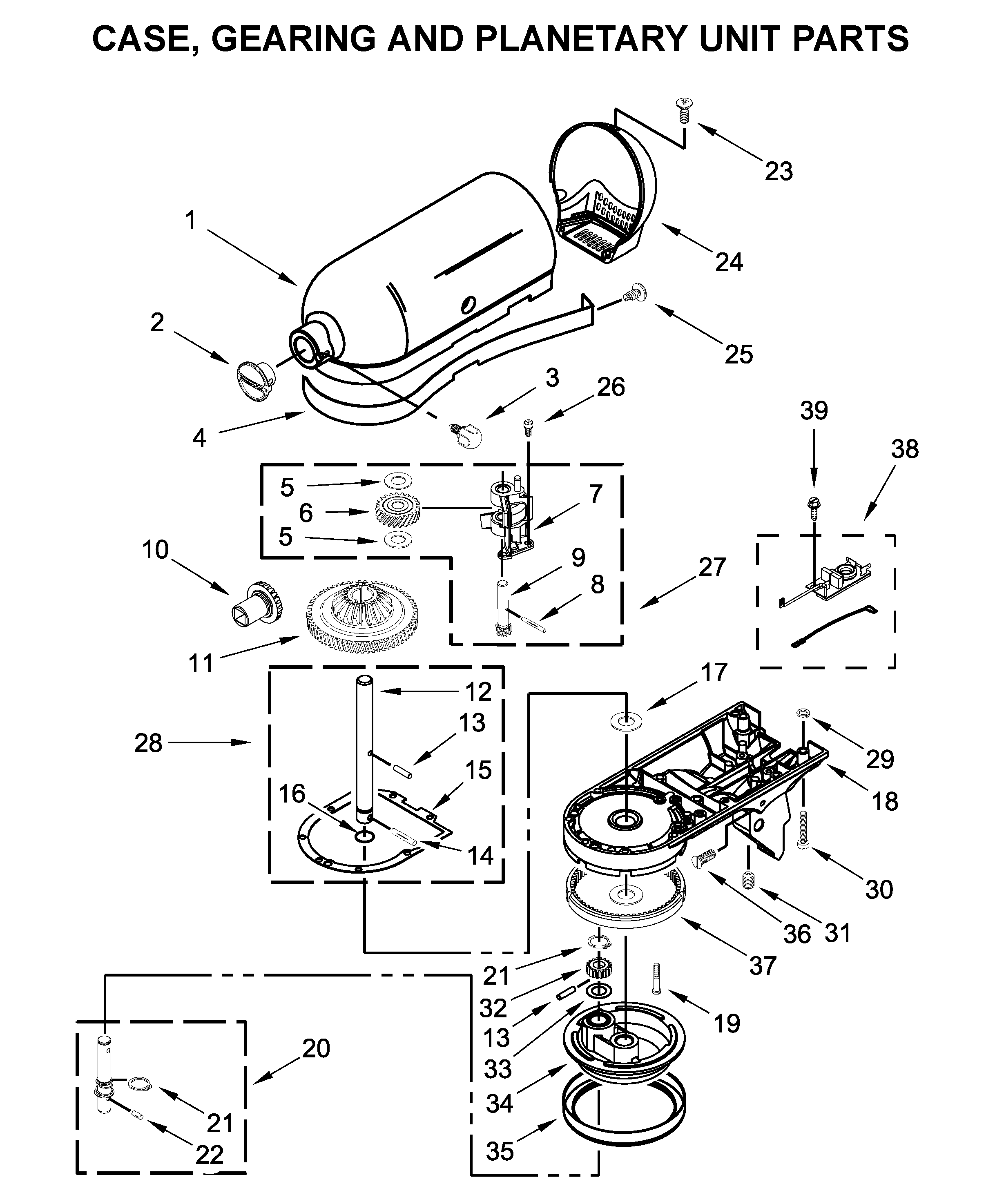 Case, gearing and planetary unit parts