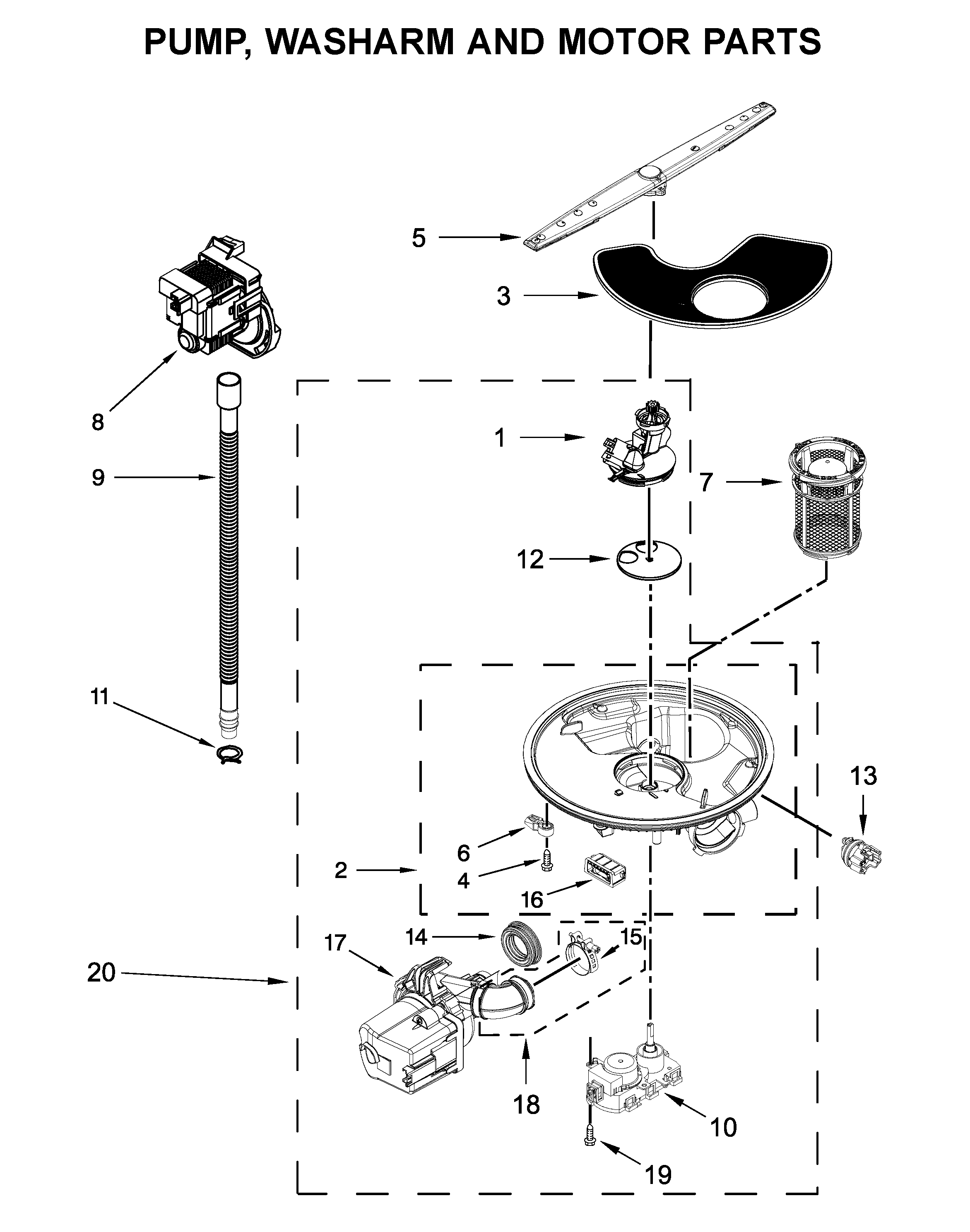 Pump, washarm and motor parts