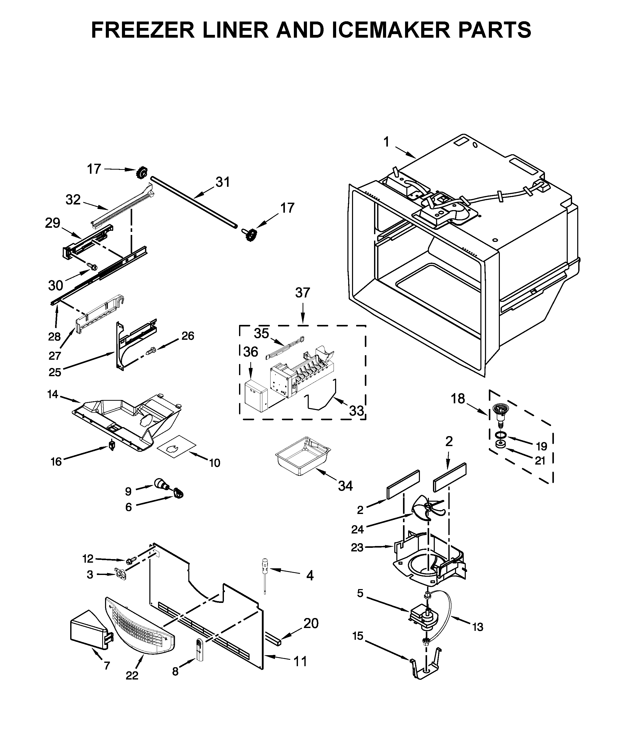 Freezer liner and icemaker parts