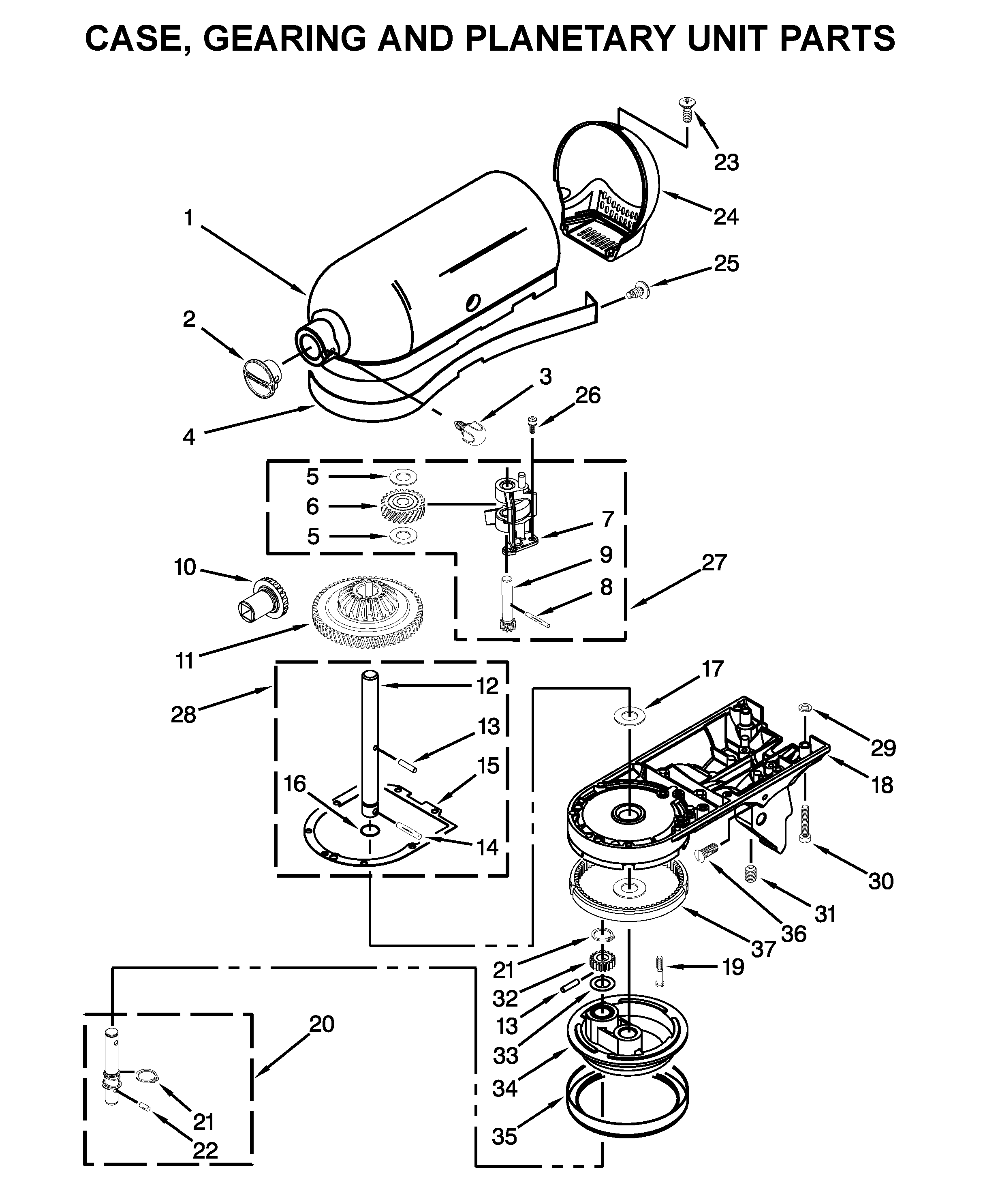 Case, gearing and planetary unit parts