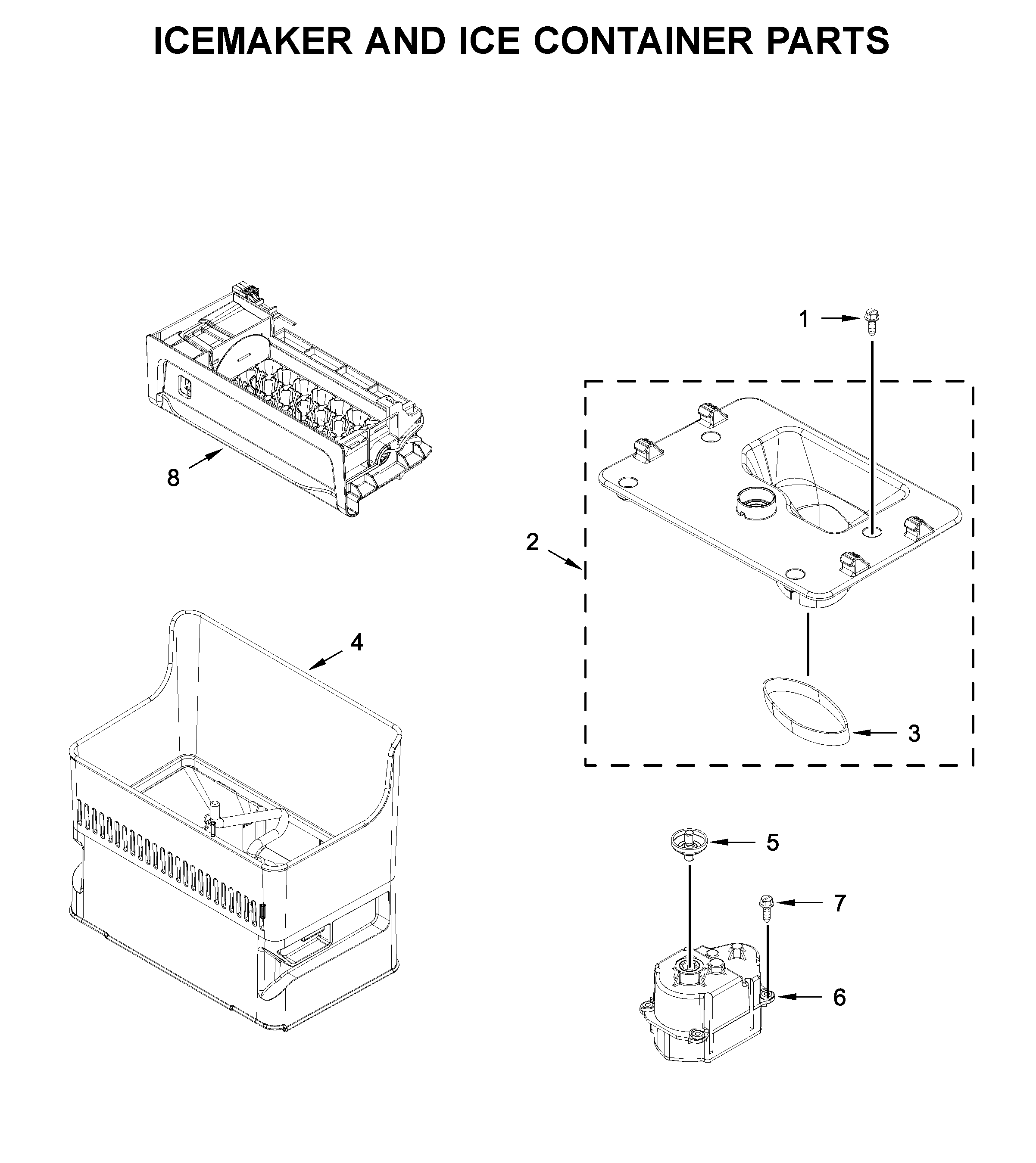 Icemaker and ice container parts