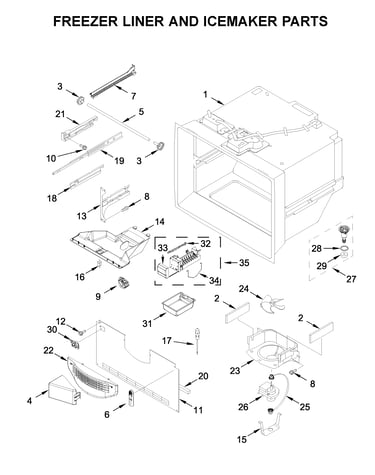 Freezer liner and icemaker parts