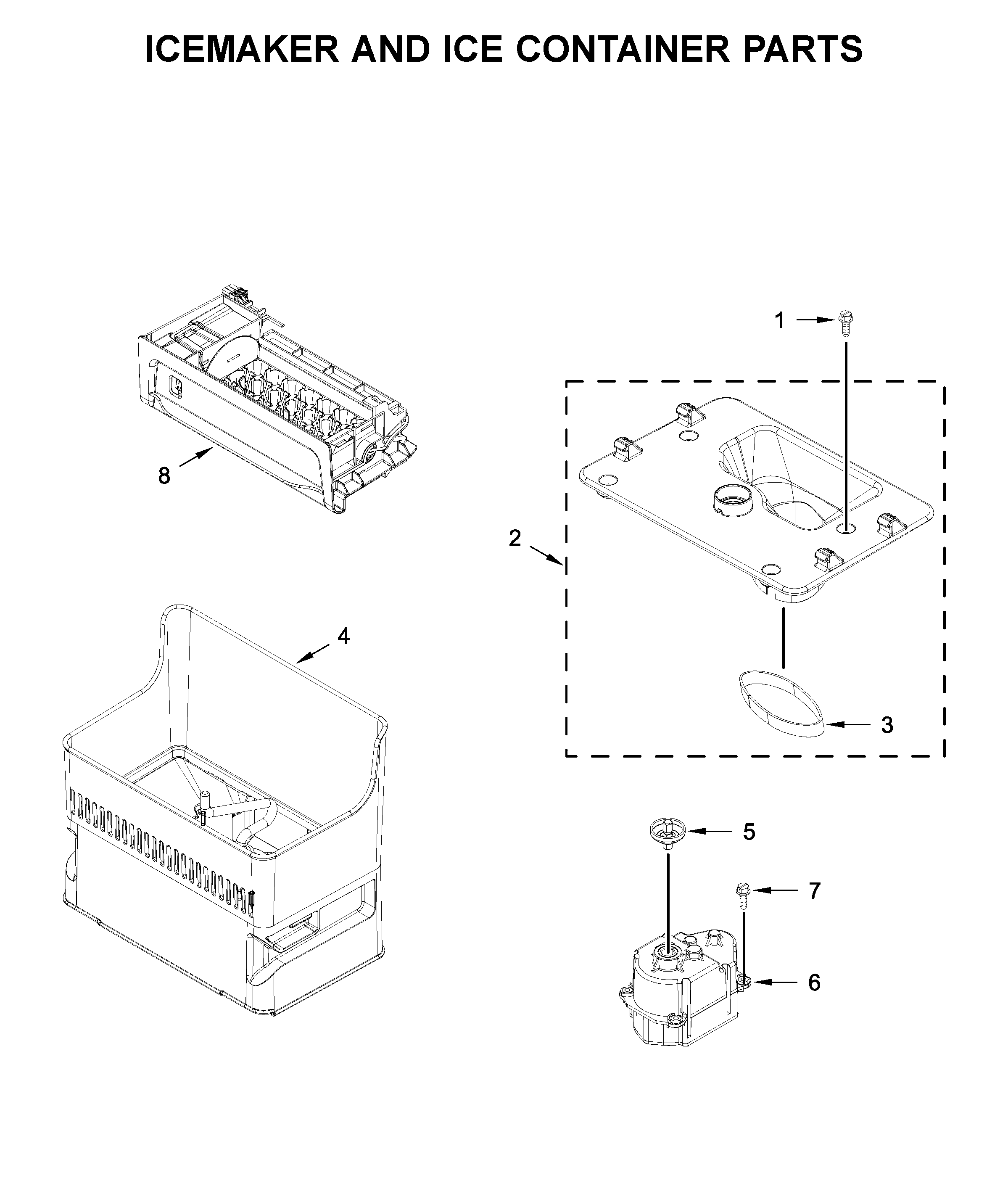 Icemaker and ice container parts