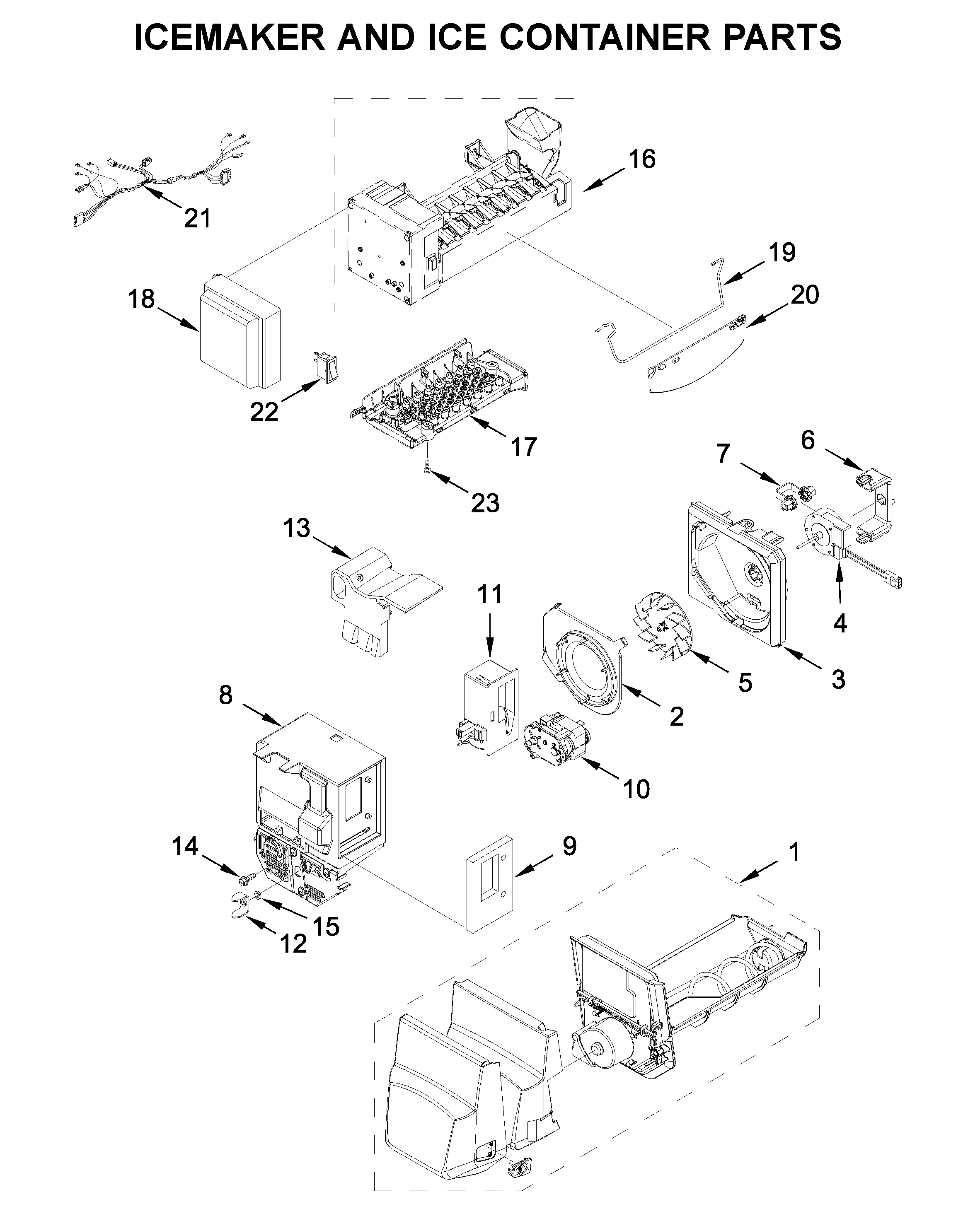 Icemaker and ice container parts