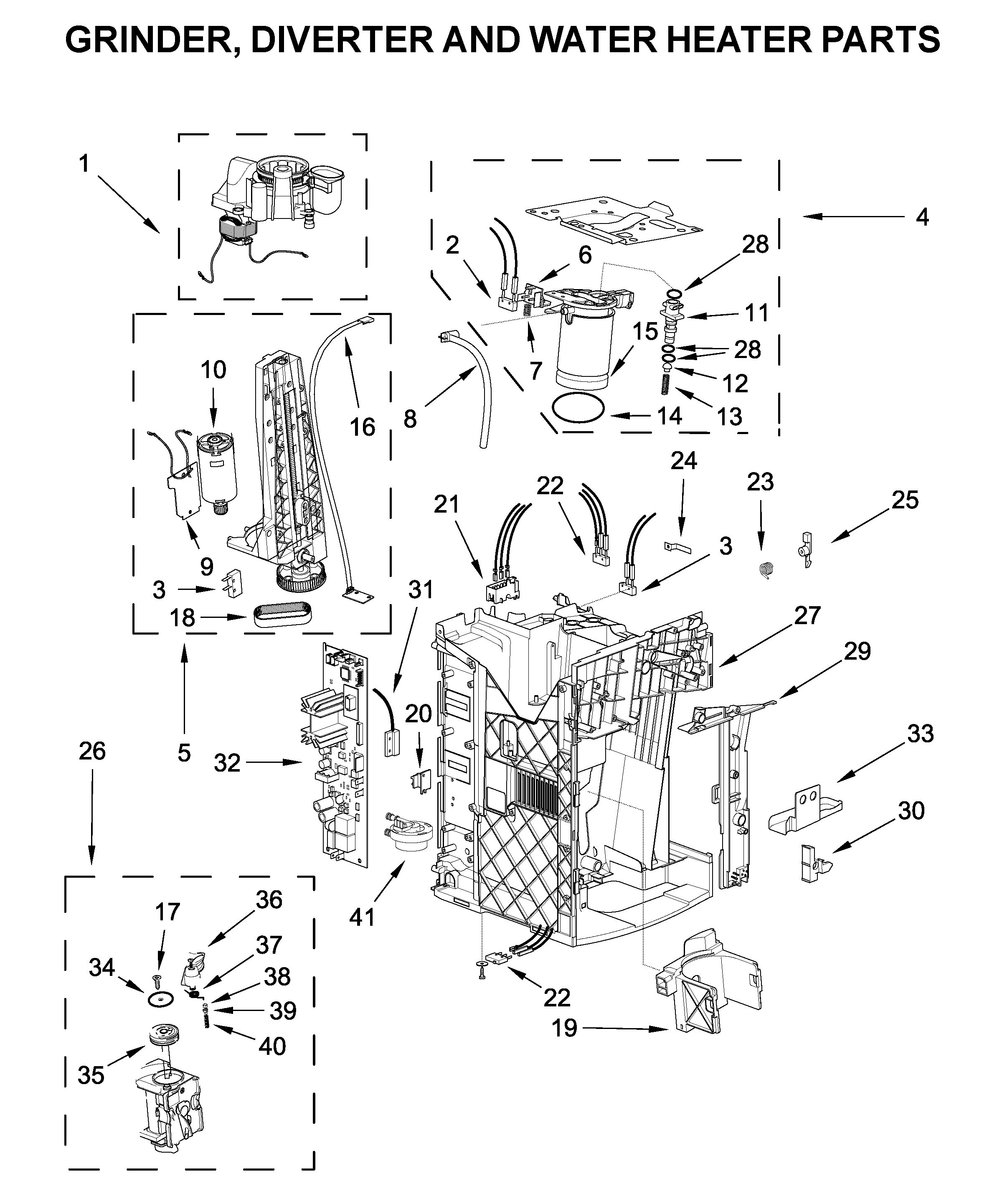 Grinder, diverter and water heater parts