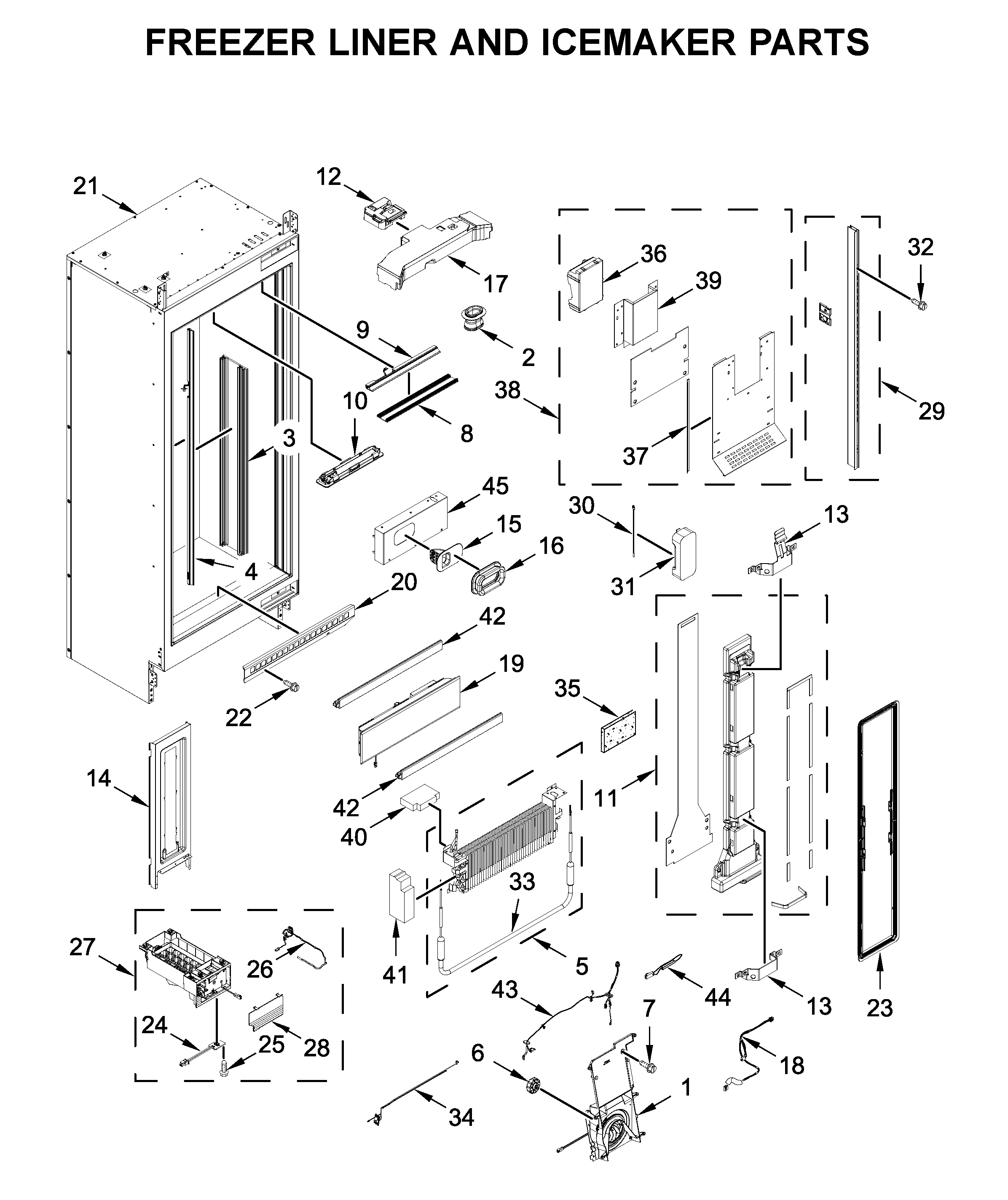 Freezer liner and icemaker parts