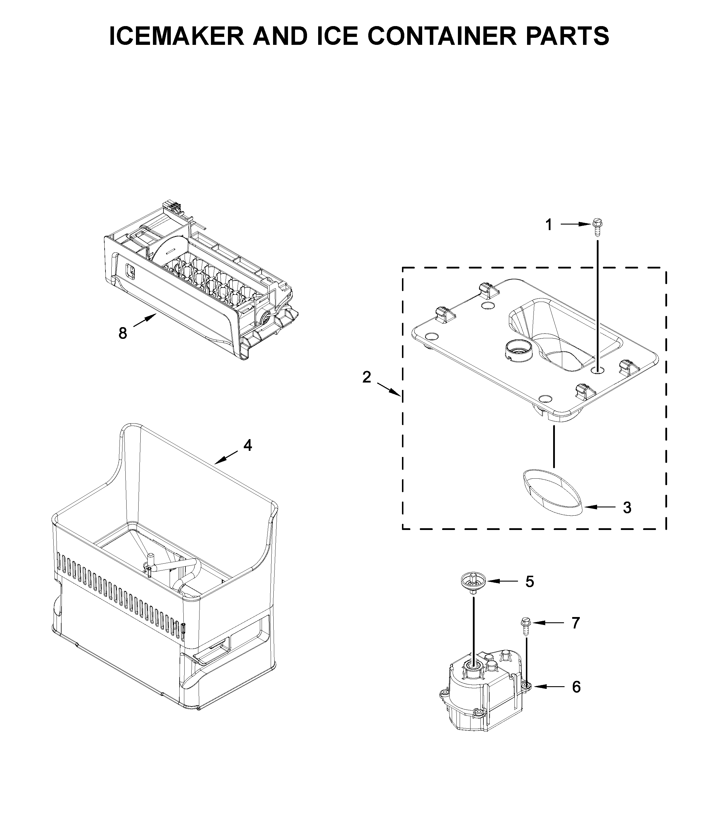 Icemaker and ice container parts