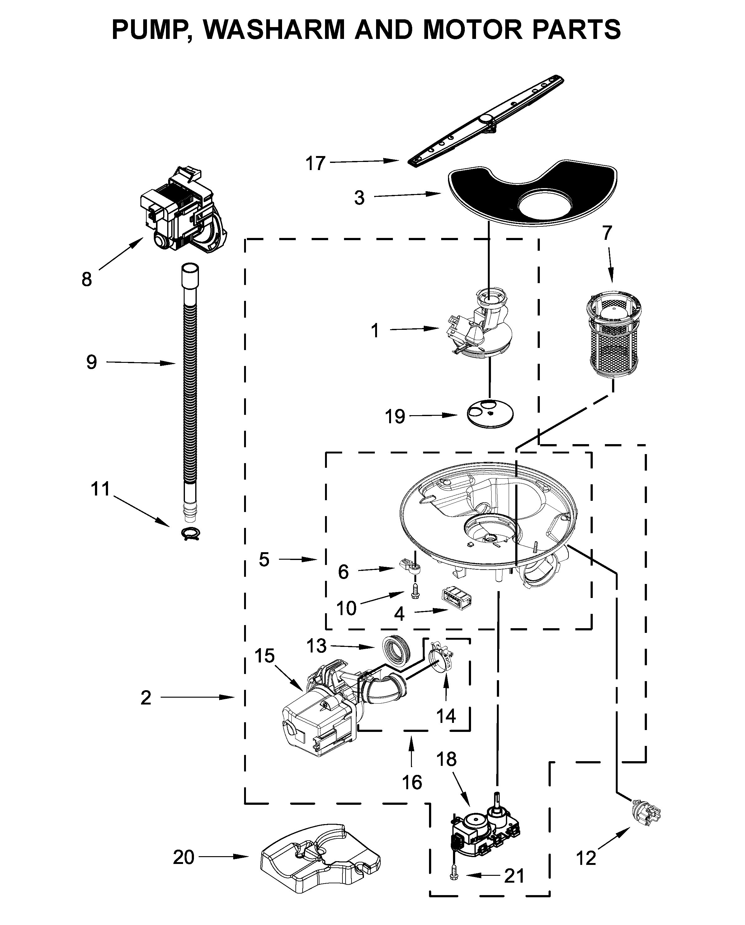 Pump, washarm and motor parts