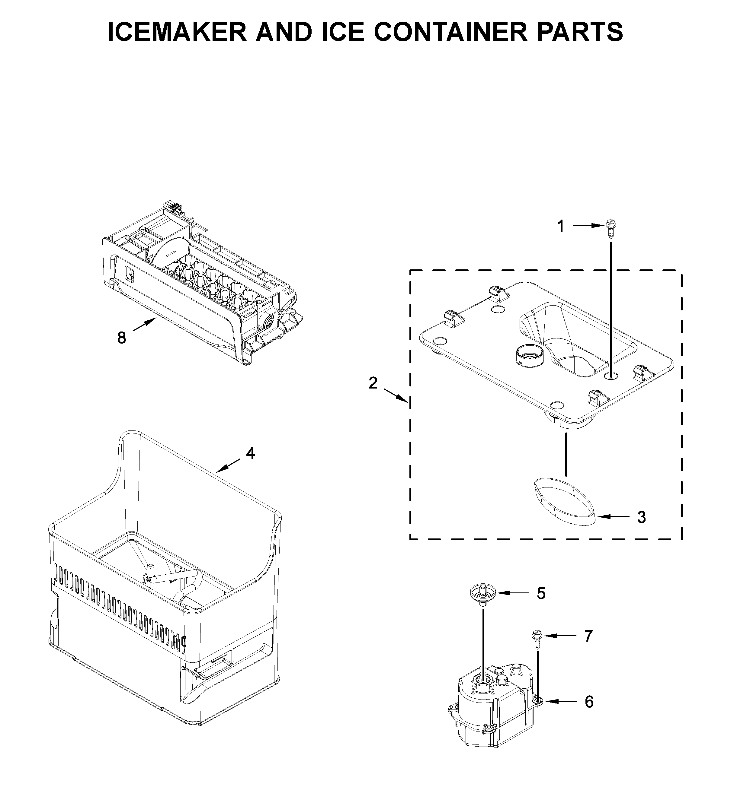 Icemaker and ice container parts