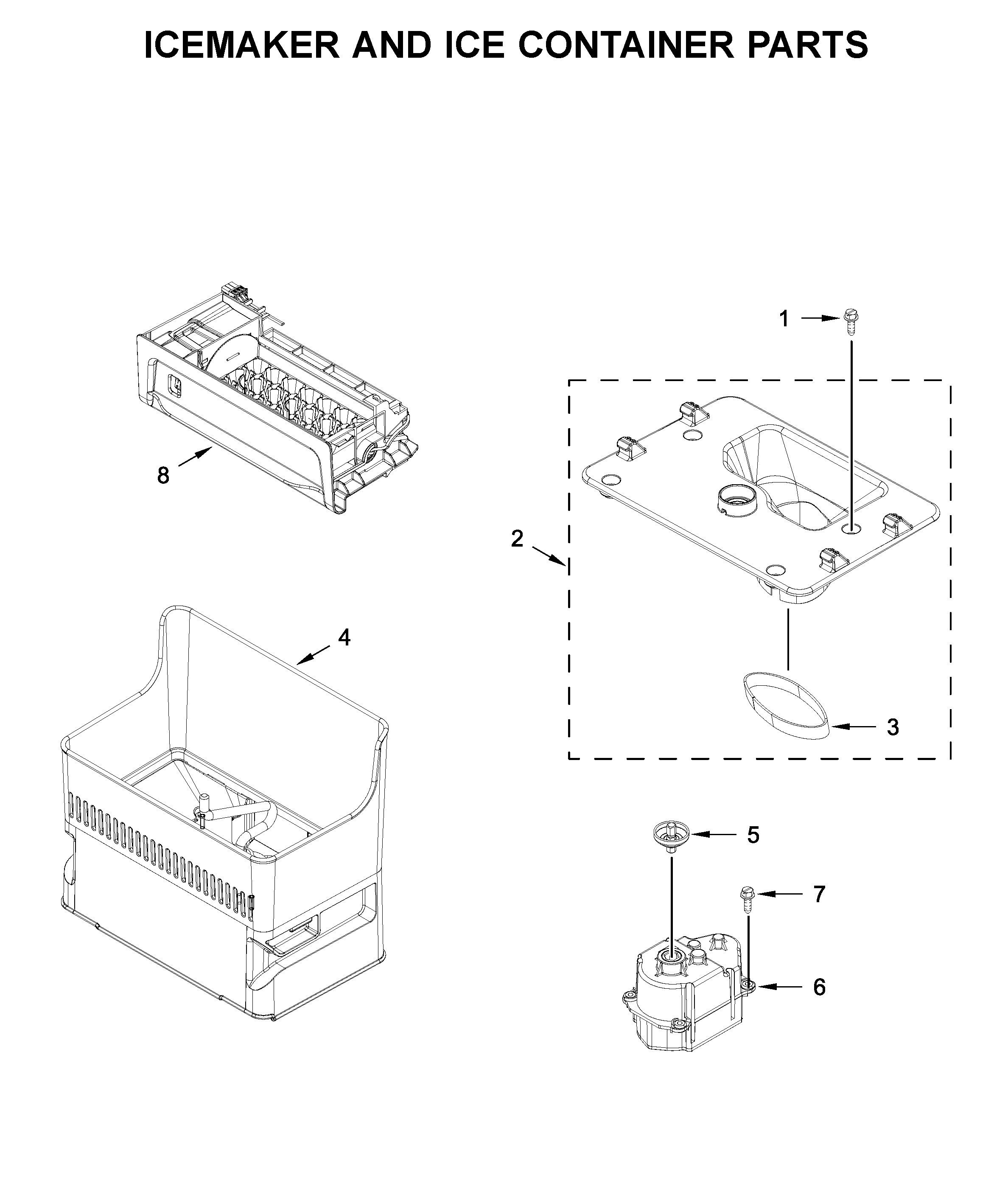 Icemaker and ice container parts