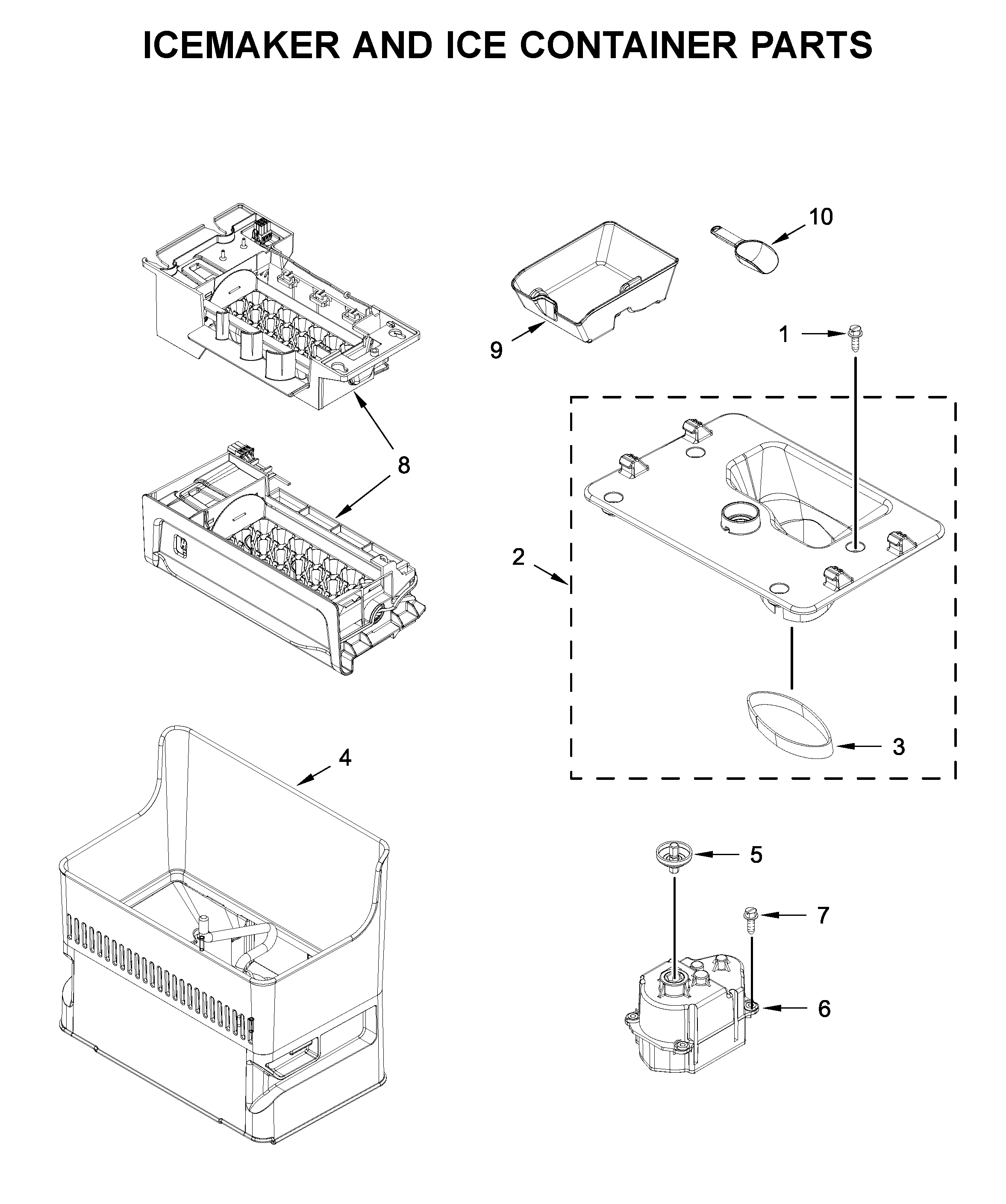Icemaker and ice container parts