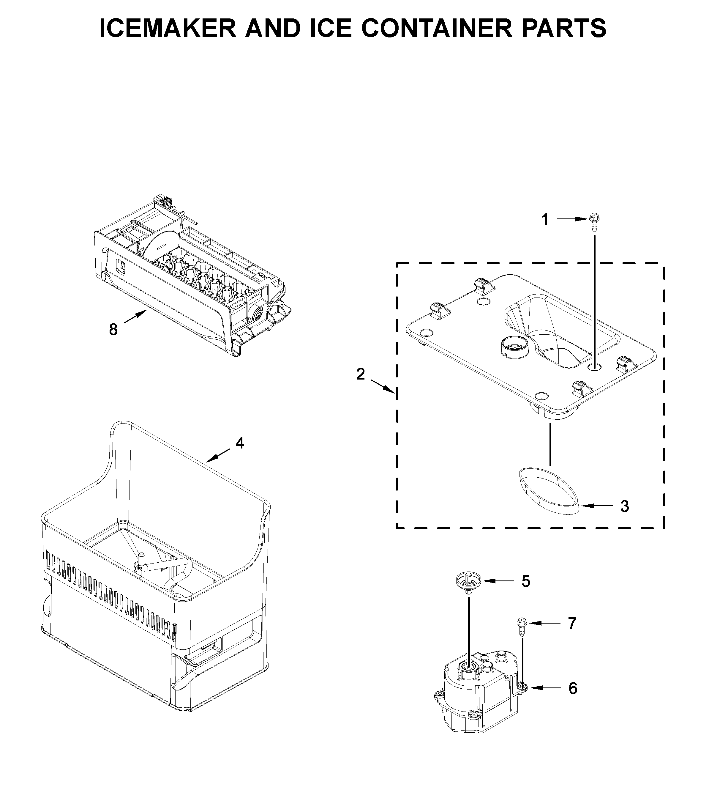 Icemaker and ice container parts