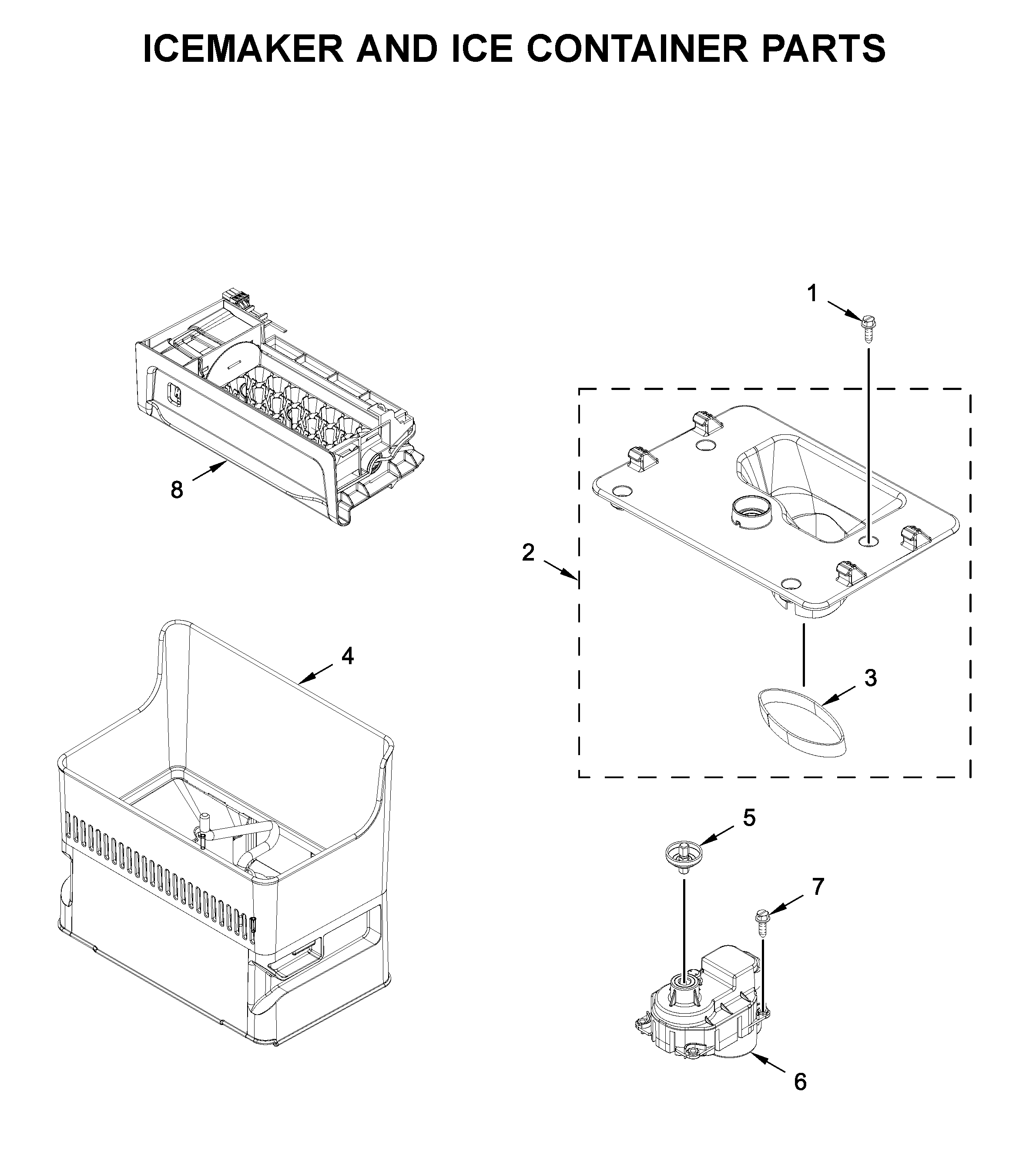 Icemaker and ice container parts