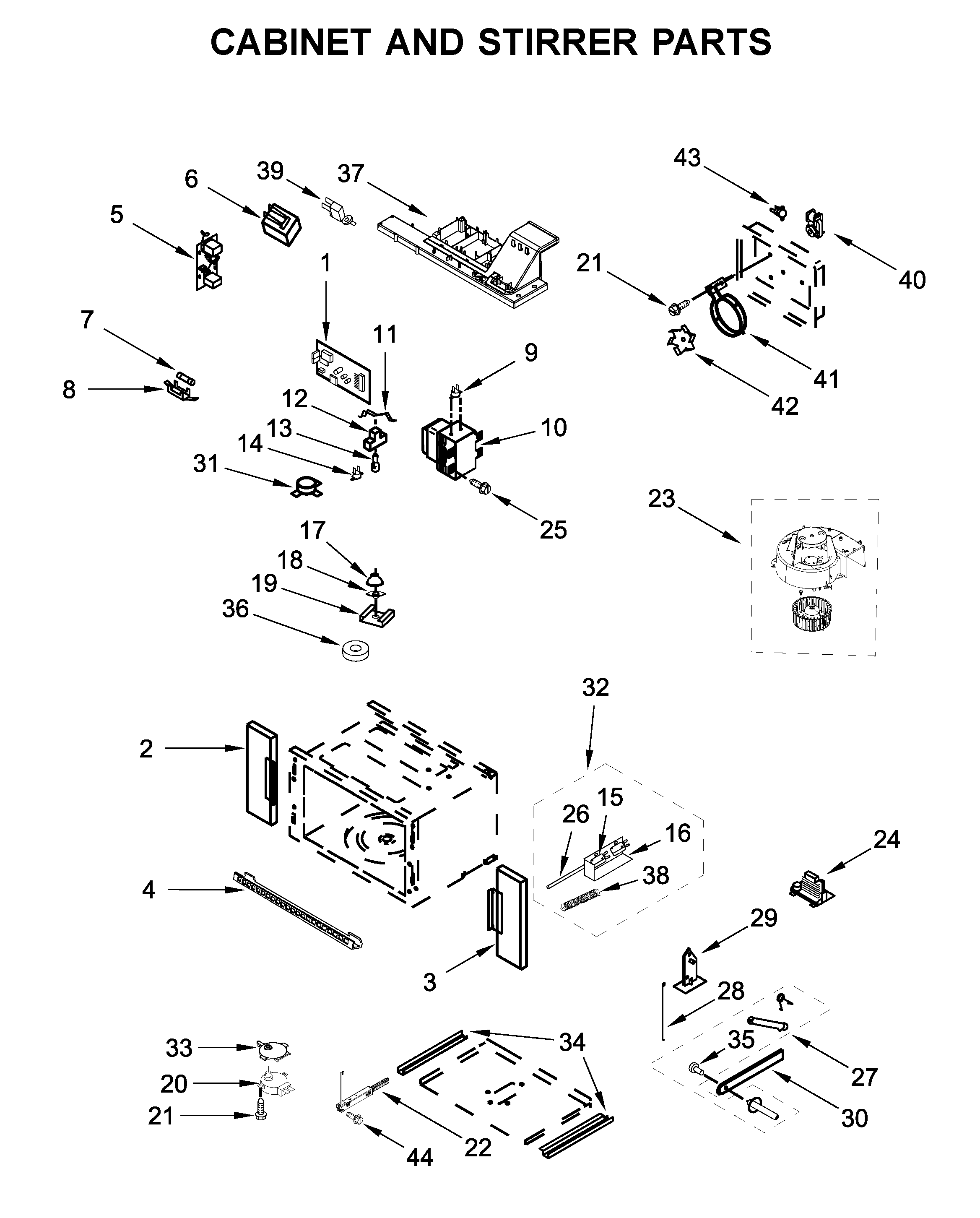 Cabinet and stirrer parts