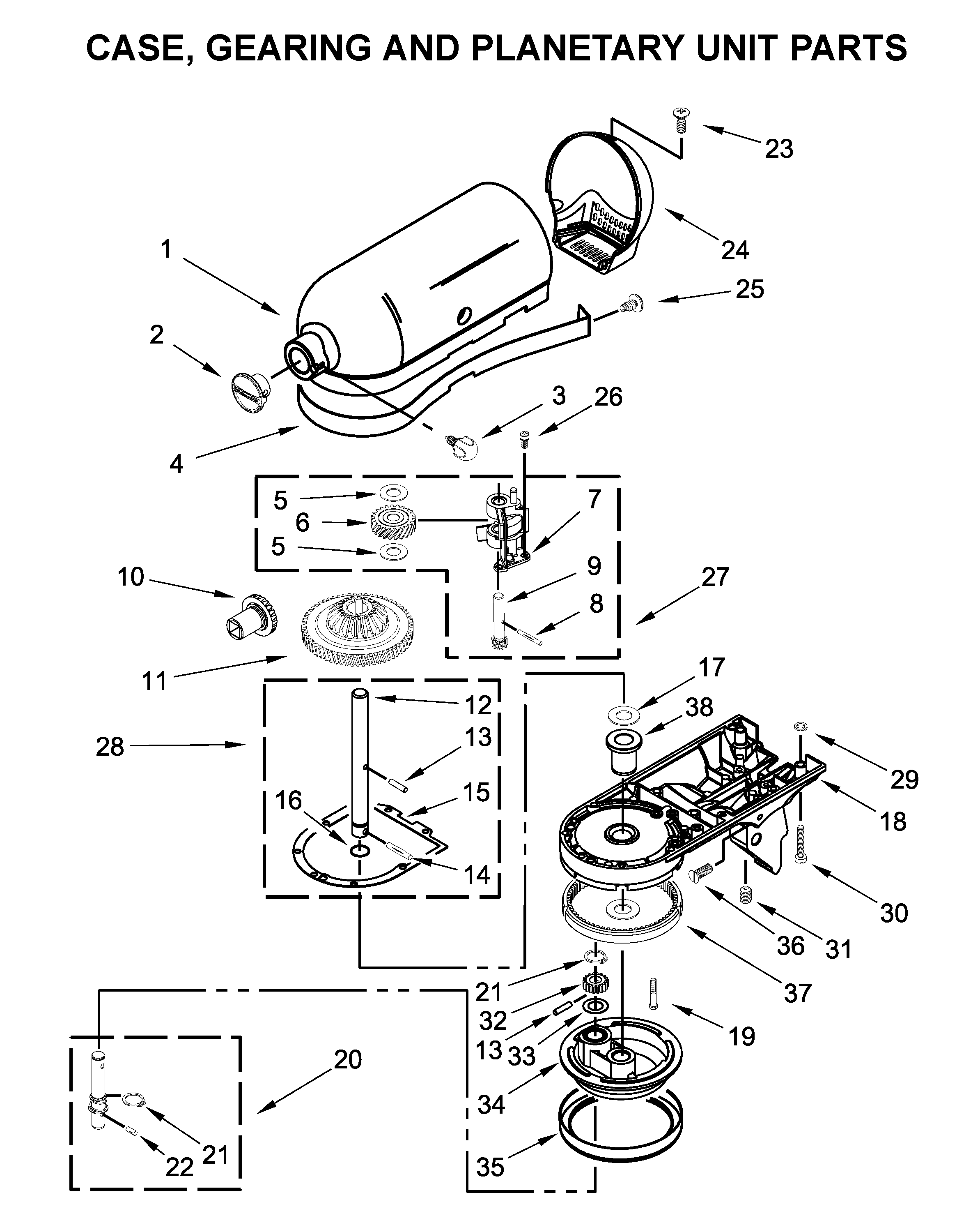 Case, gearing and planetary unit parts