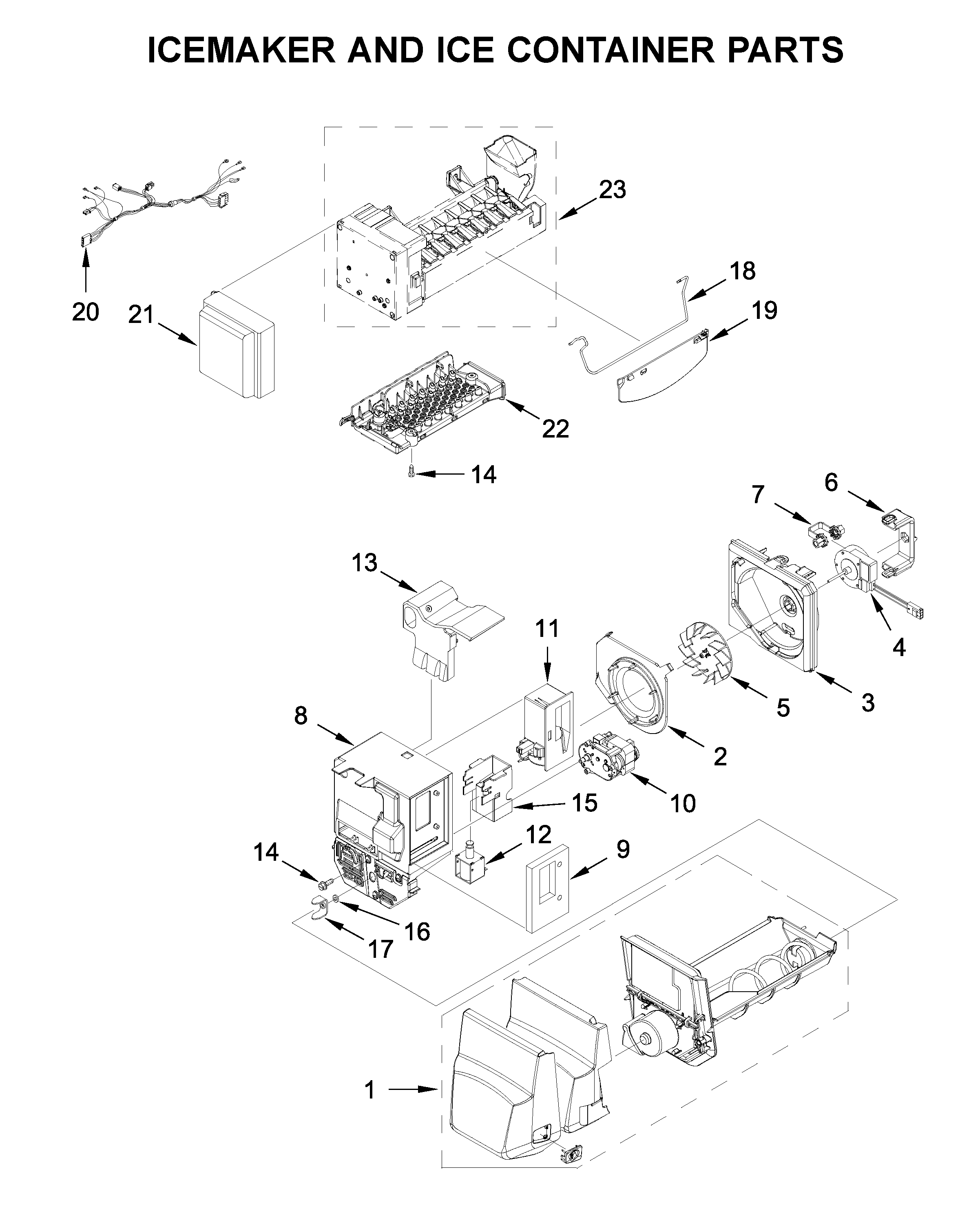 Icemaker and ice container parts