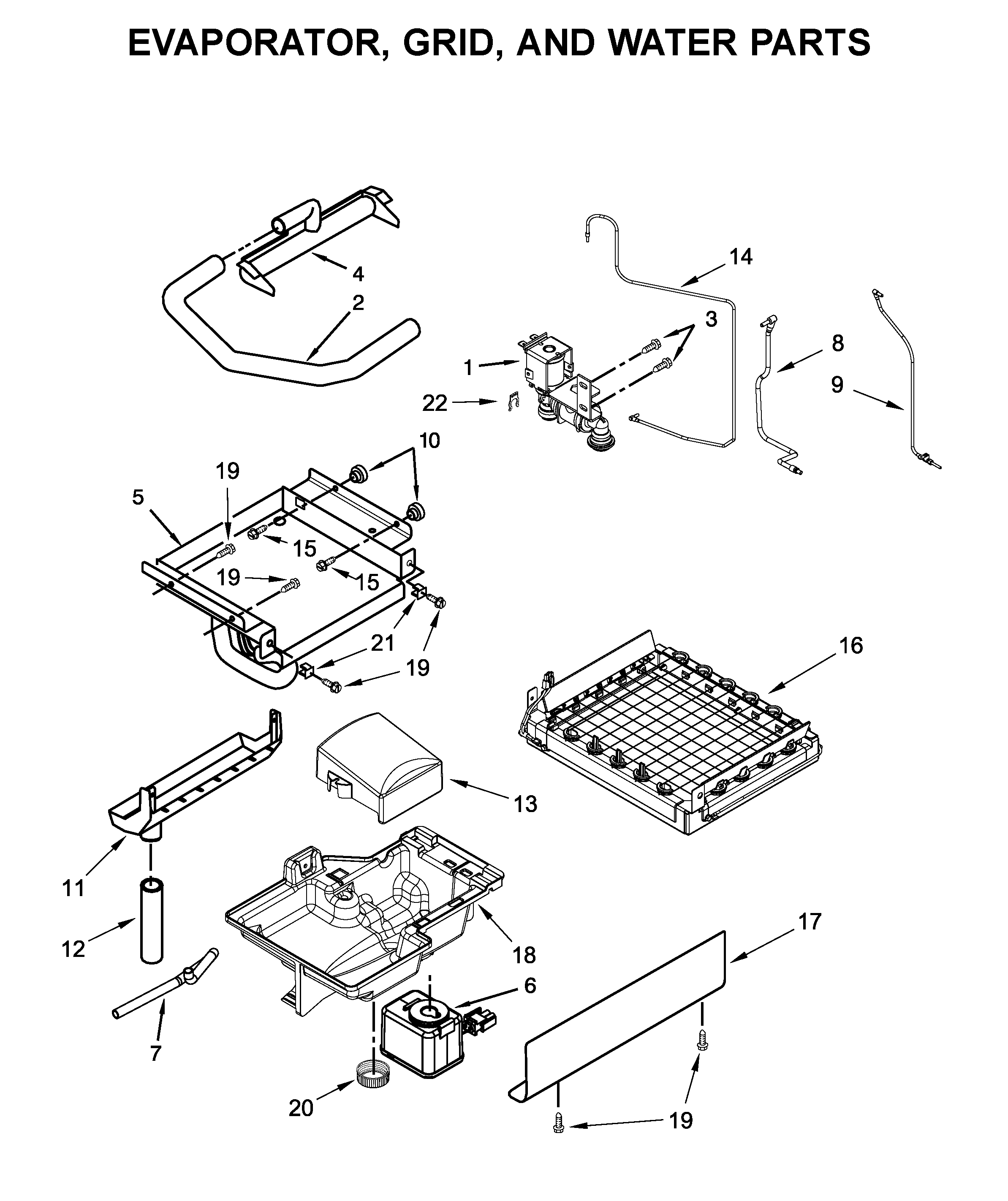Evaporator, grid, and water parts