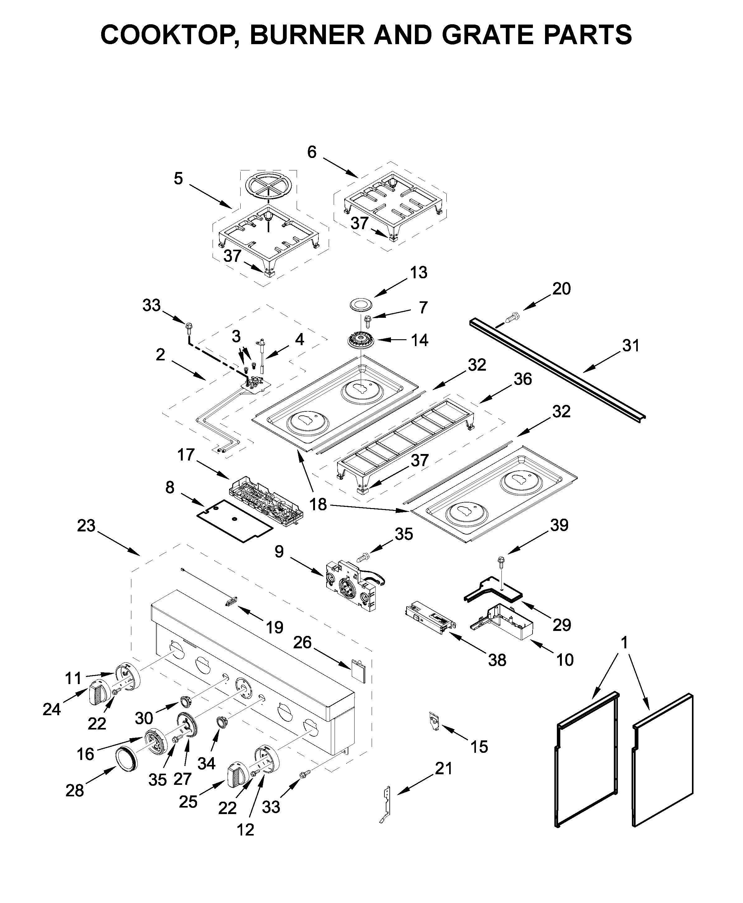Cooktop, burner and grate parts
