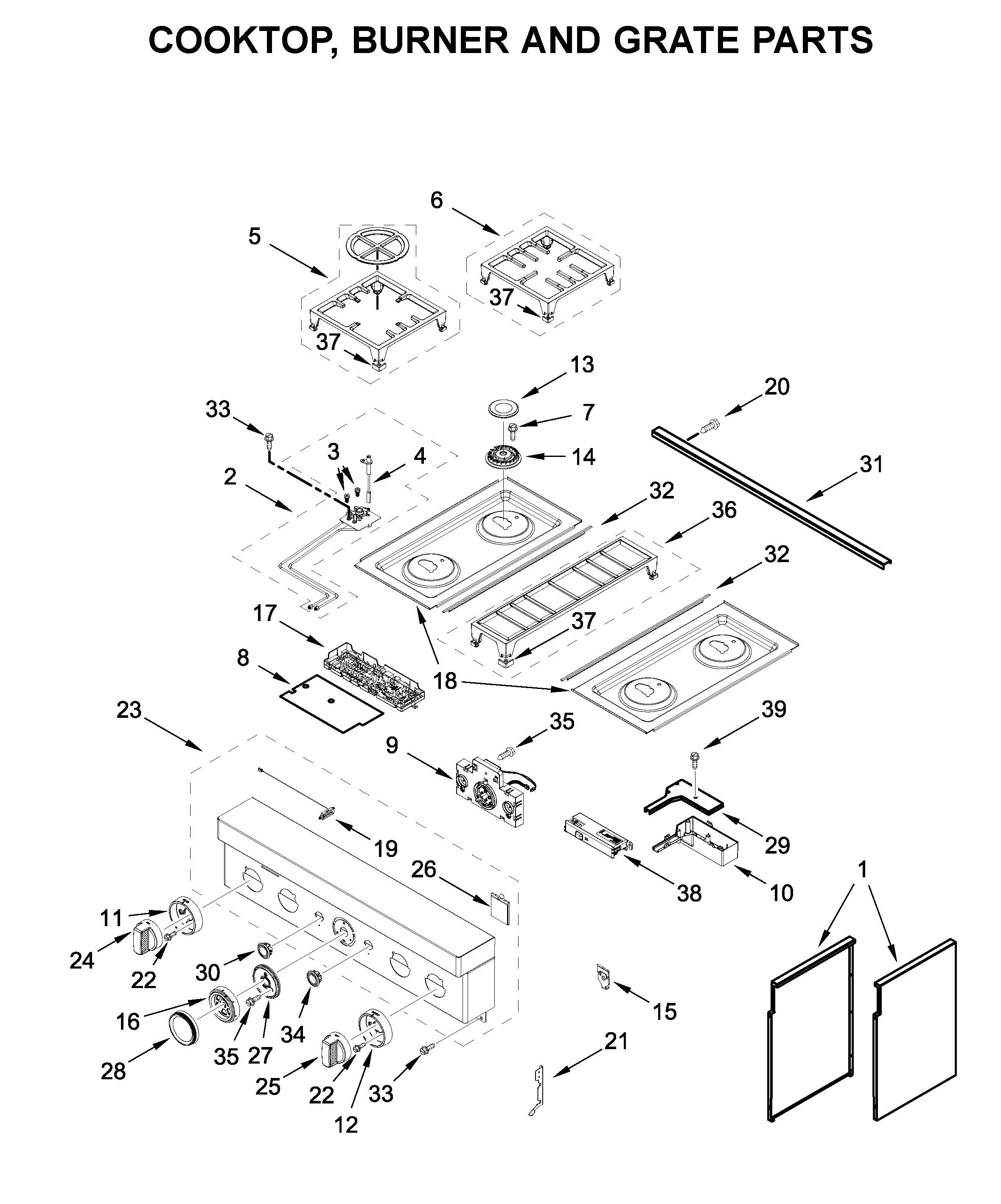 Cooktop, burner and grate parts