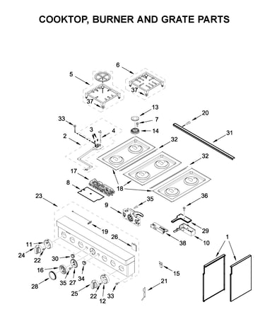Cooktop, burner and grate parts