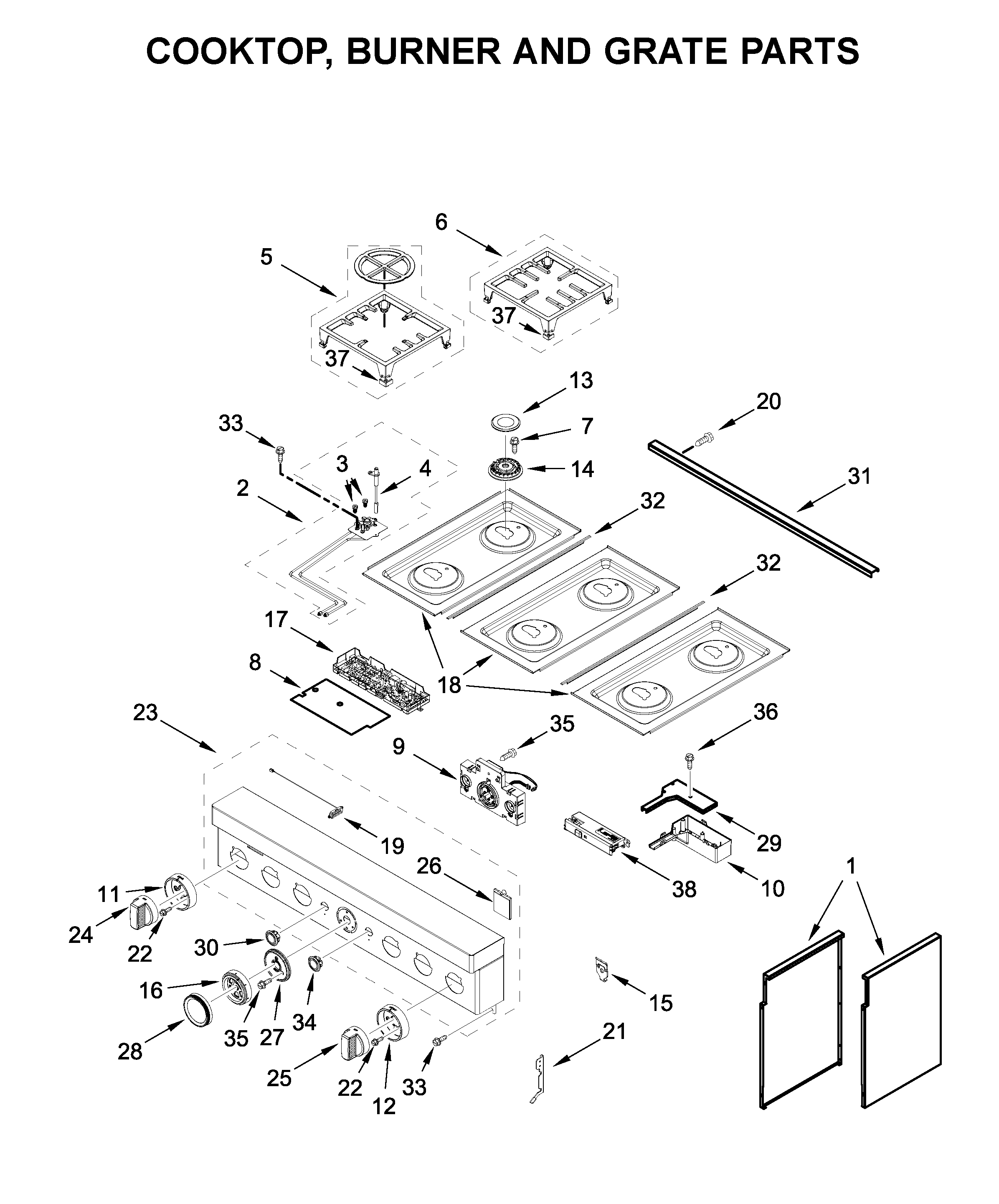 Cooktop, burner and grate parts