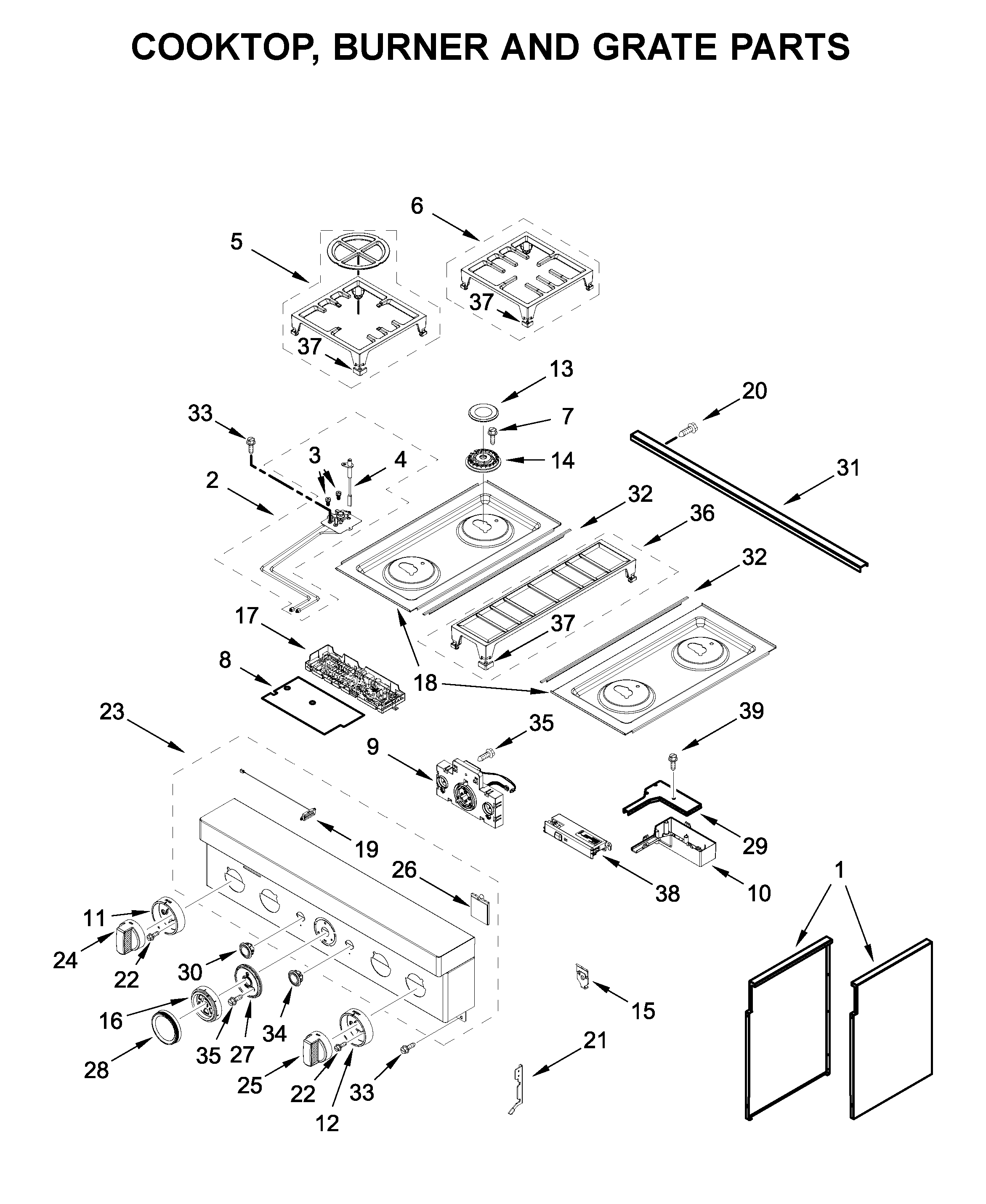 Cooktop, burner and grate parts