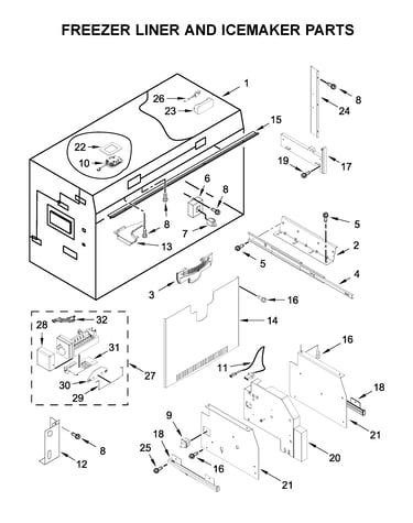 Freezer liner and icemaker parts
