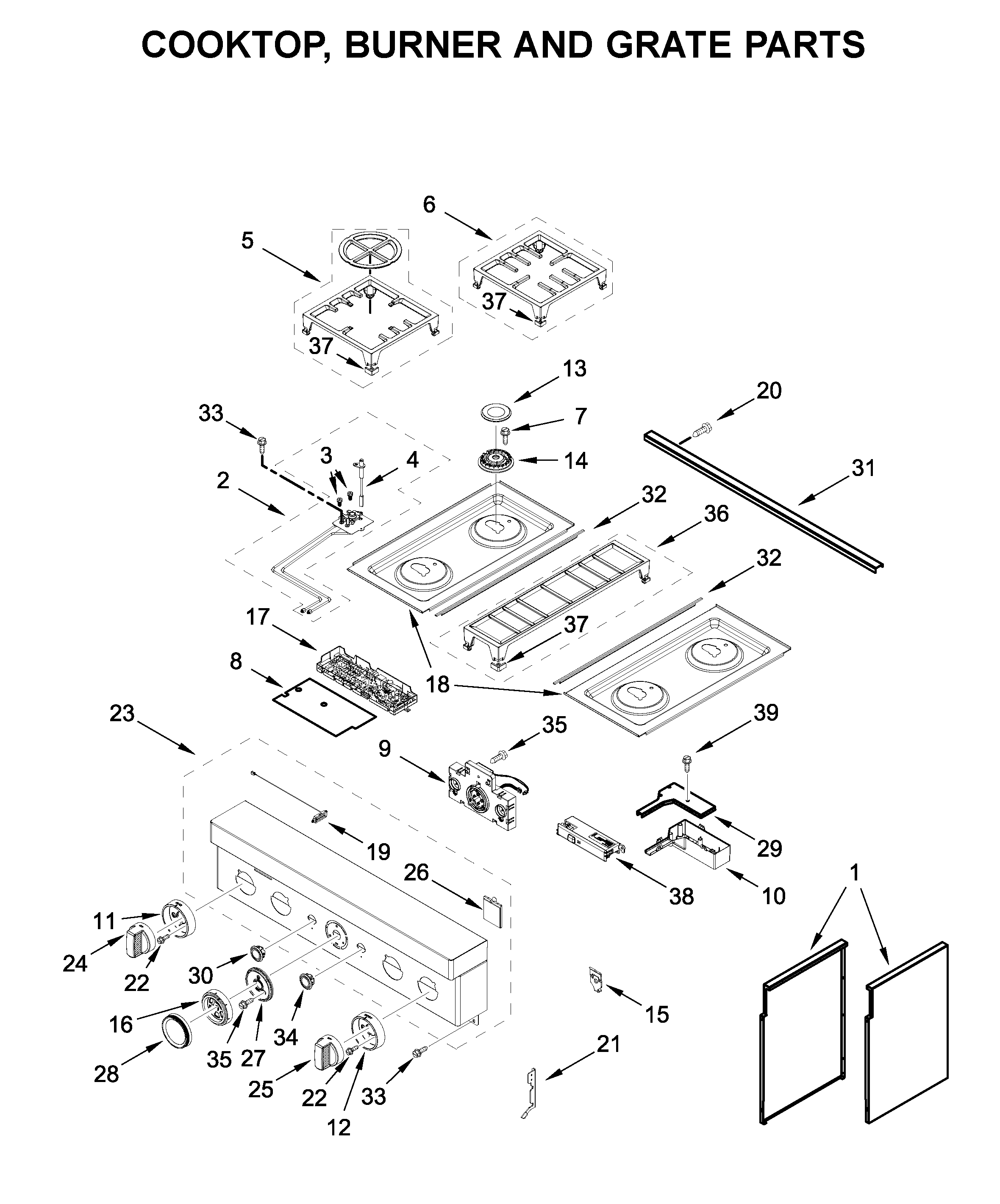 Cooktop, burner and grate parts