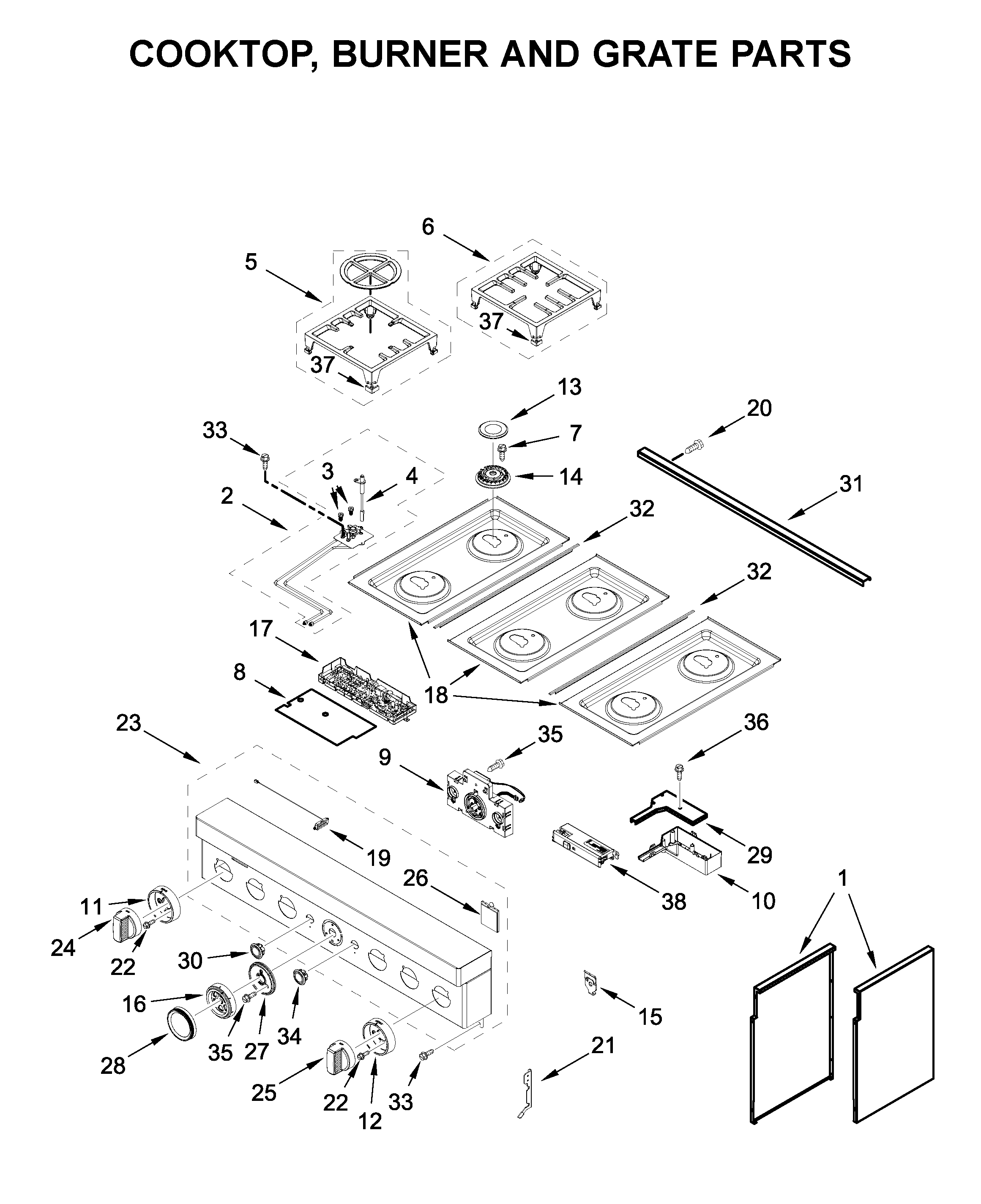 Cooktop, burner and grate parts