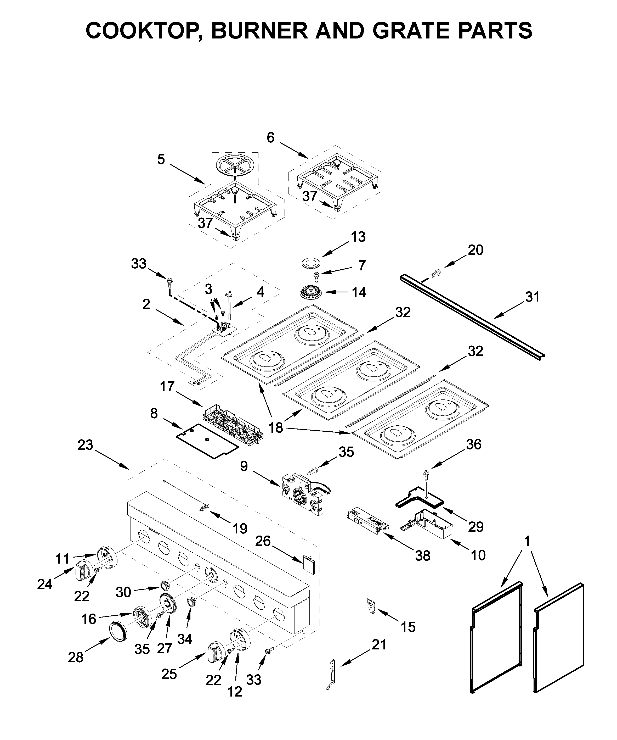 Cooktop, burner and grate parts
