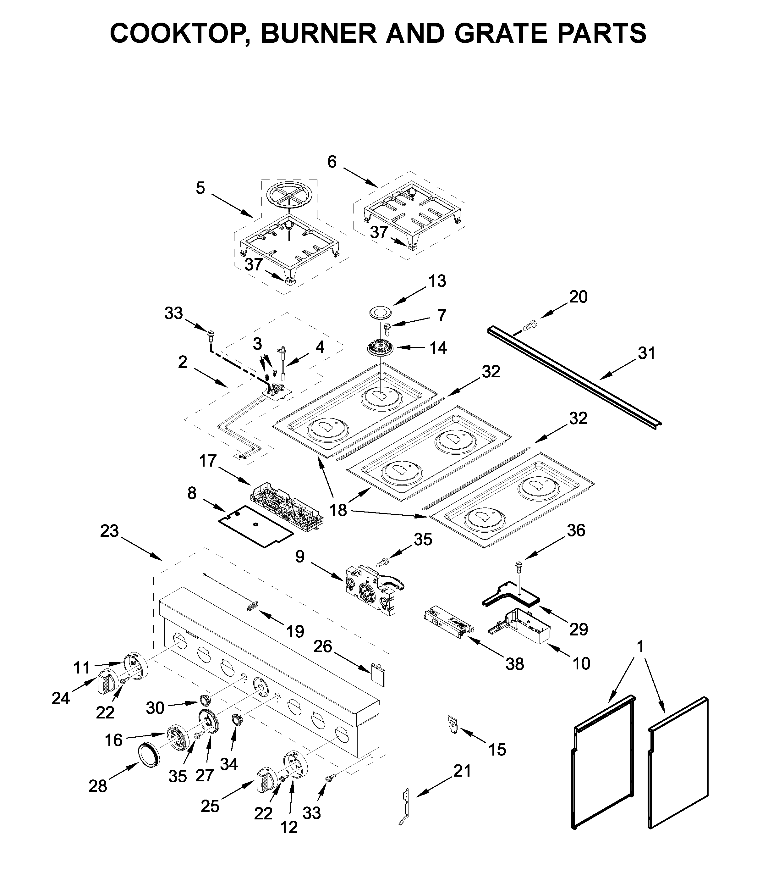 Cooktop, burner and grate parts