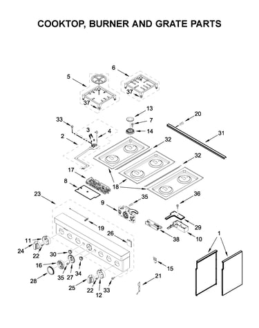 Cooktop, burner and grate parts