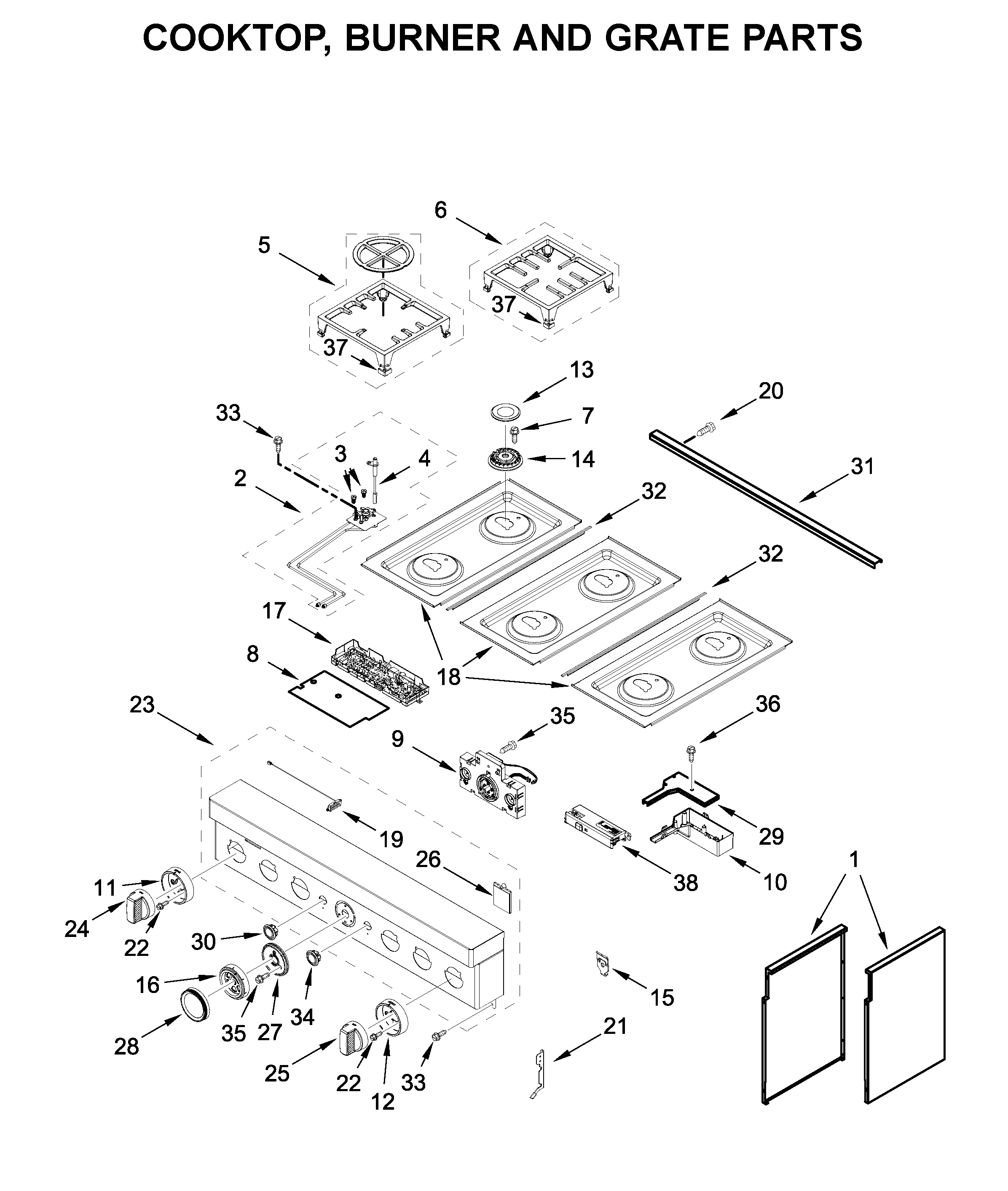 Cooktop, burner and grate parts