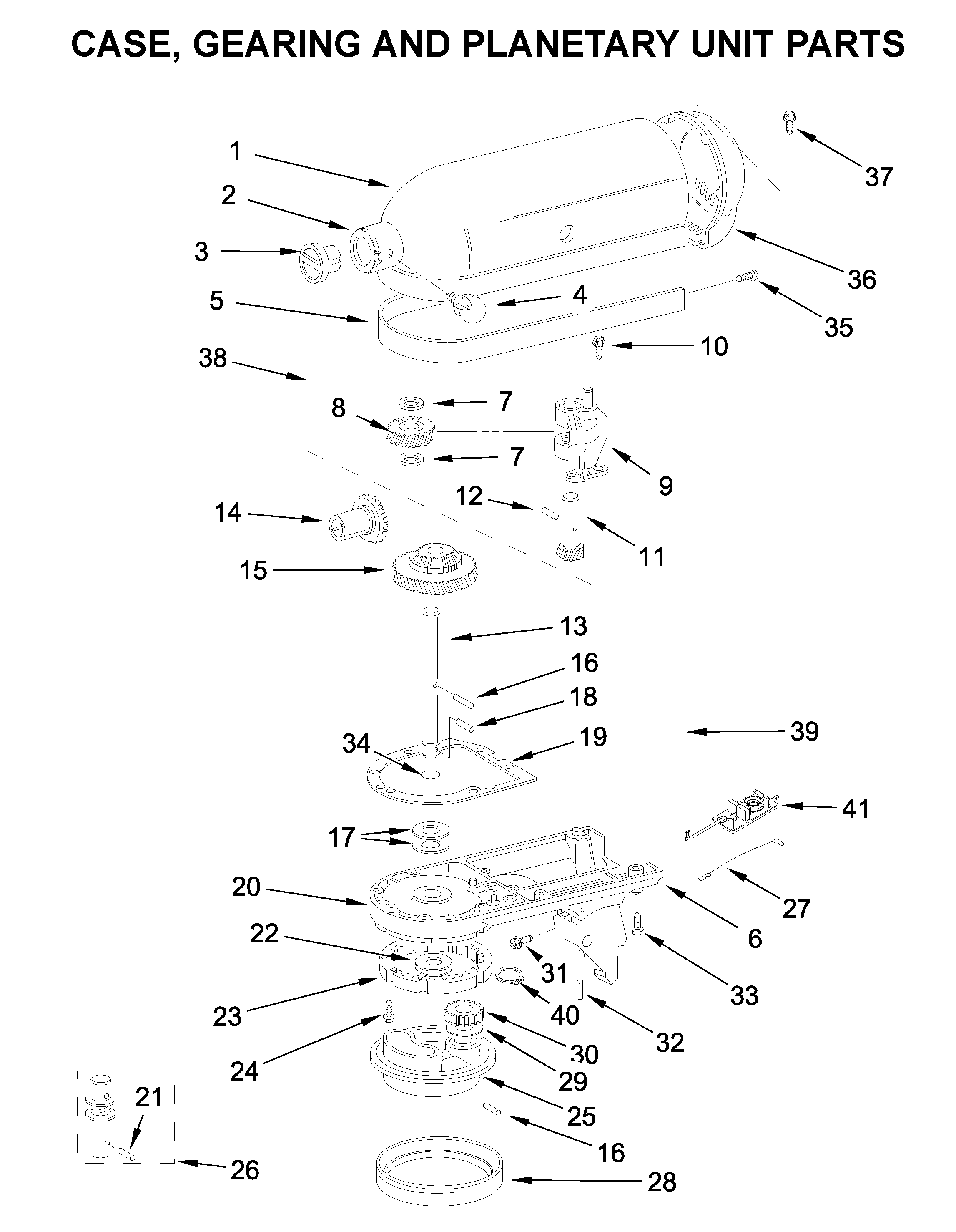 Case, gearing and planetary unit parts