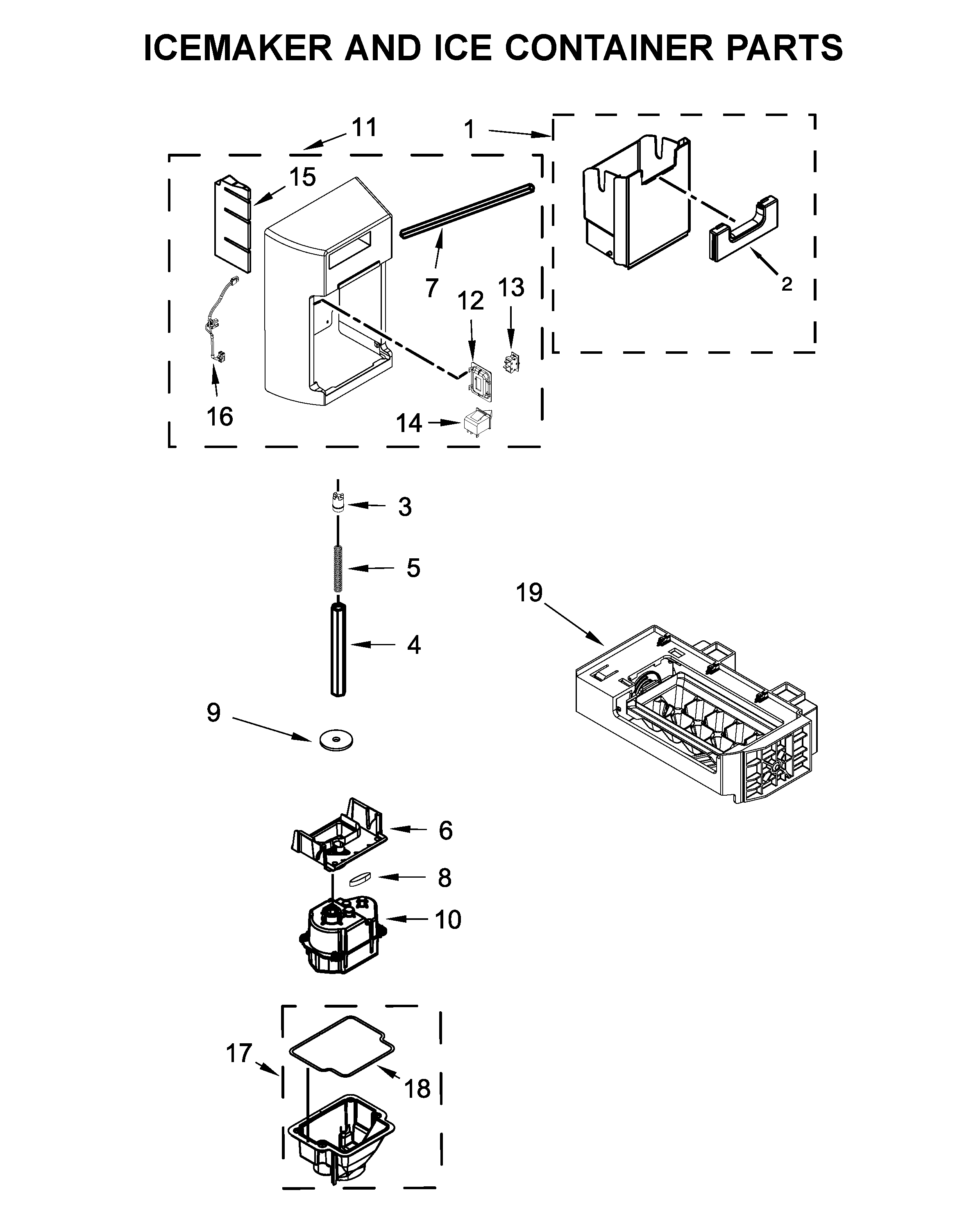 Icemaker and ice container parts