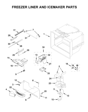 Freezer liner and icemaker parts
